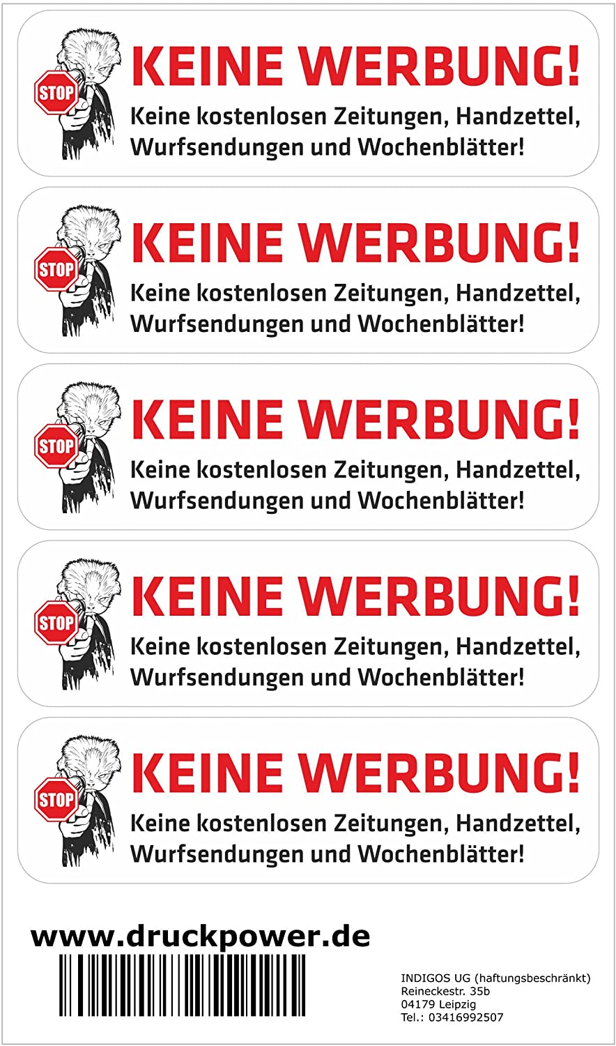 INDIGOS UG Briefkasten Aufkleber - Keine Werbung! - 70x20 mm - Keine kostenlosen Zeitungen, Handzettel, Wurfsendungen und Wochenzeitungen! 203D