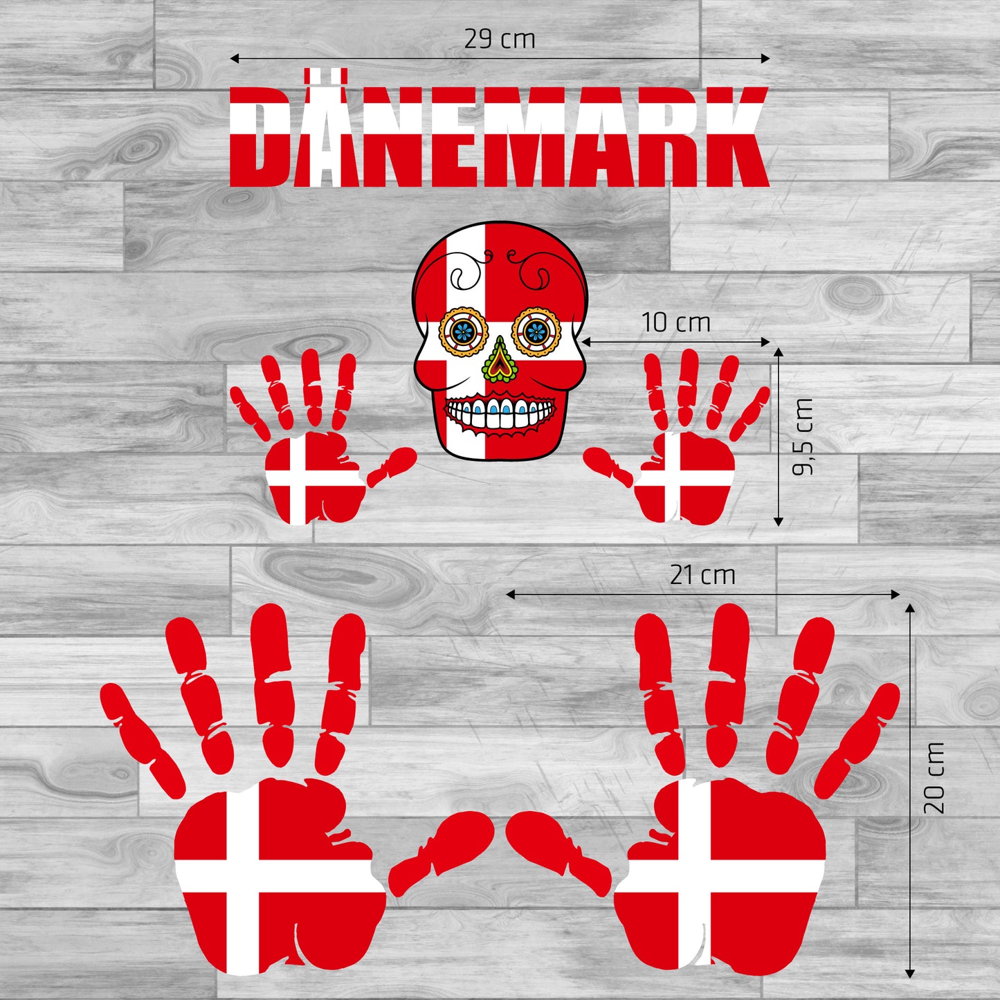 Aufkleber - Dänemark - Fahne - Set - Skull - Hand - Schriftzug - 6-teilig