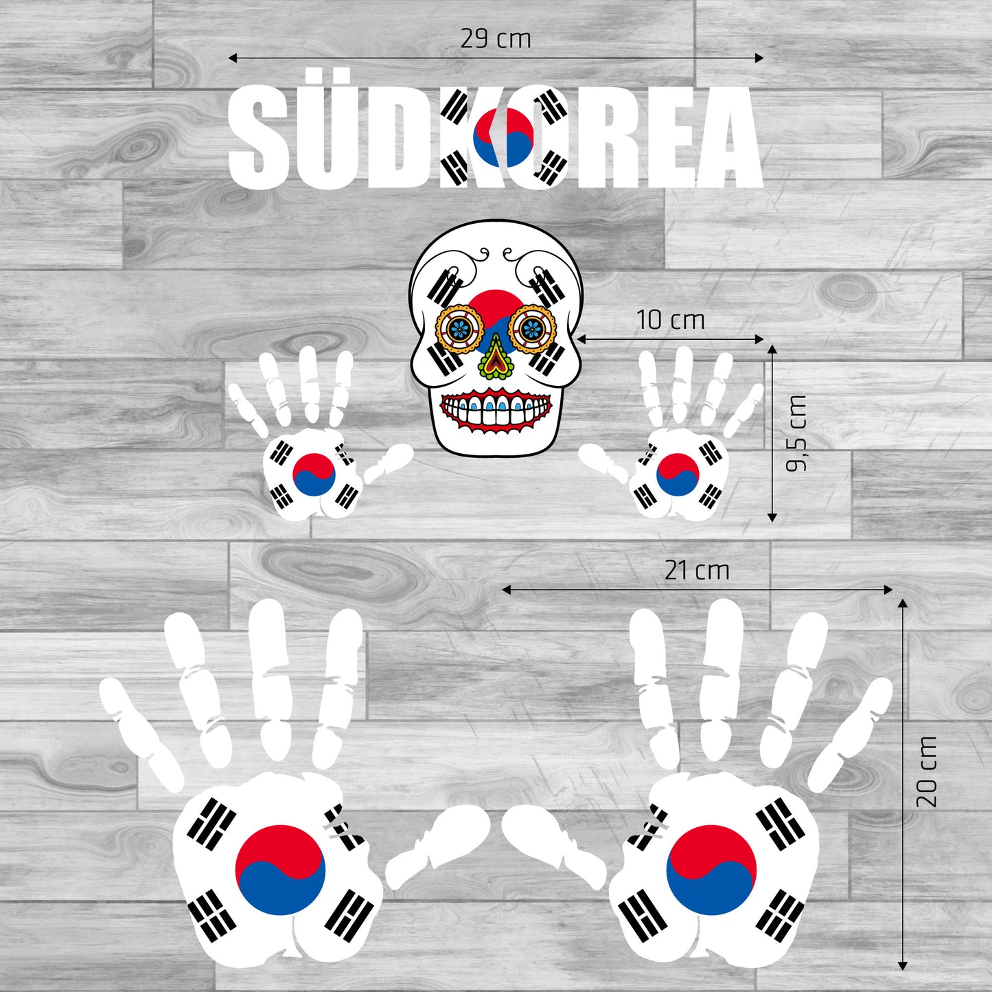 Aufkleber - Südkorea - Fahne - Set - Skull - Hand - Schriftzug - 6-teilig