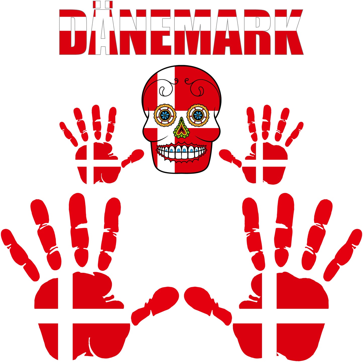 Aufkleber - Dänemark - Fahne - Set - Skull - Hand - Schriftzug - 6-teilig