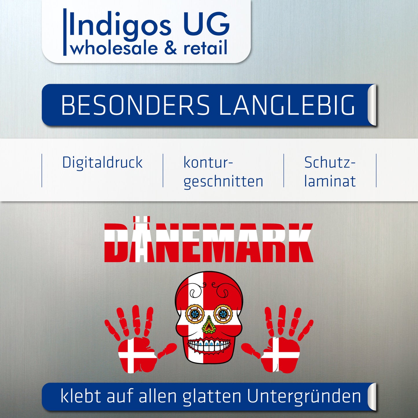 Aufkleber - Dänemark - Fahne - Set - Skull - Hand - Schriftzug - 6-teilig
