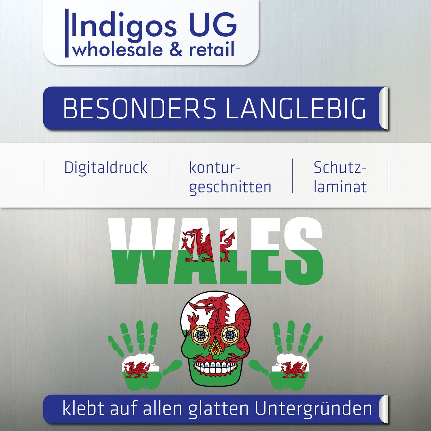Aufkleber - Wales - Fahne - Set - Skull - Hand - Schriftzug - 6-teilig