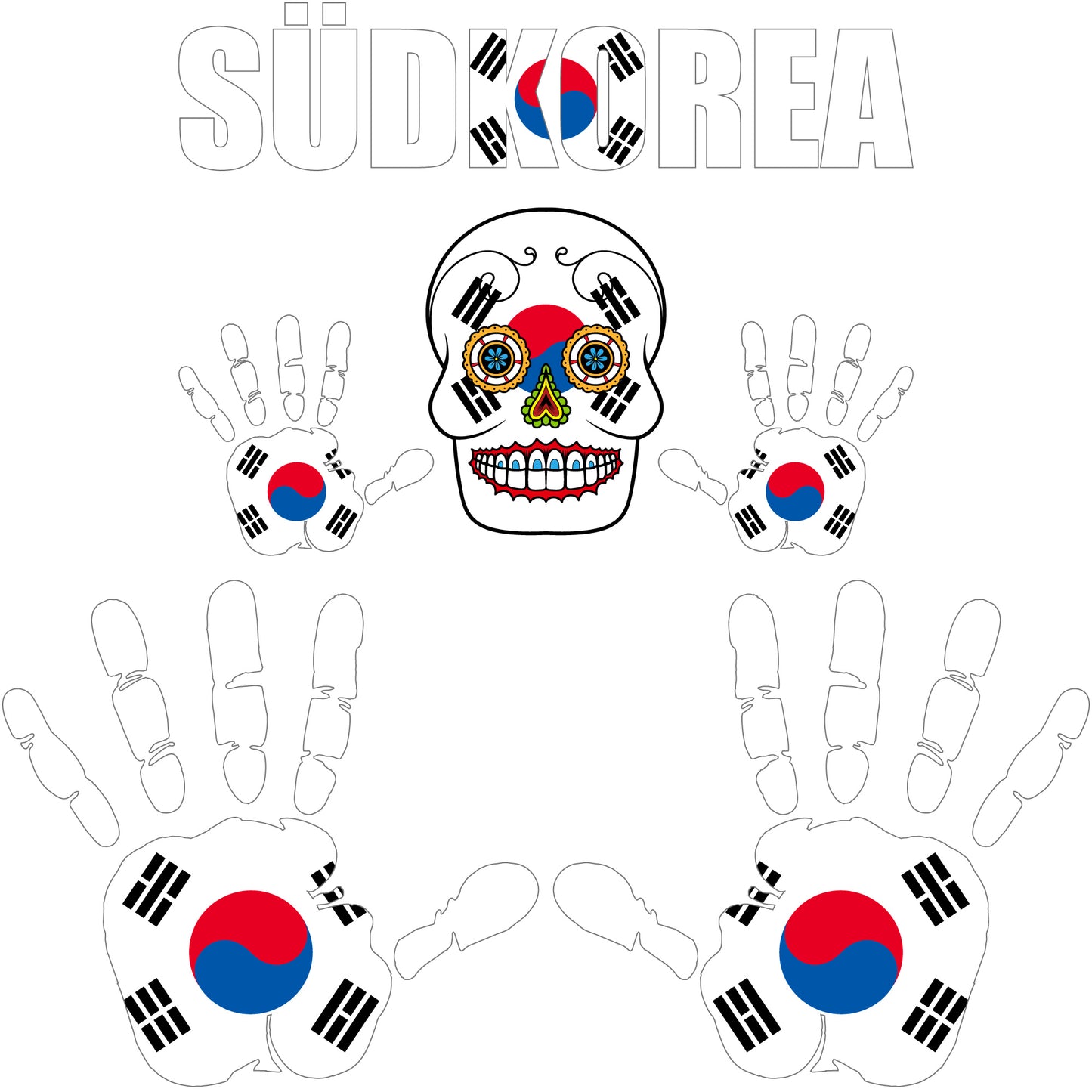 Aufkleber - Südkorea - Fahne - Set - Skull - Hand - Schriftzug - 6-teilig