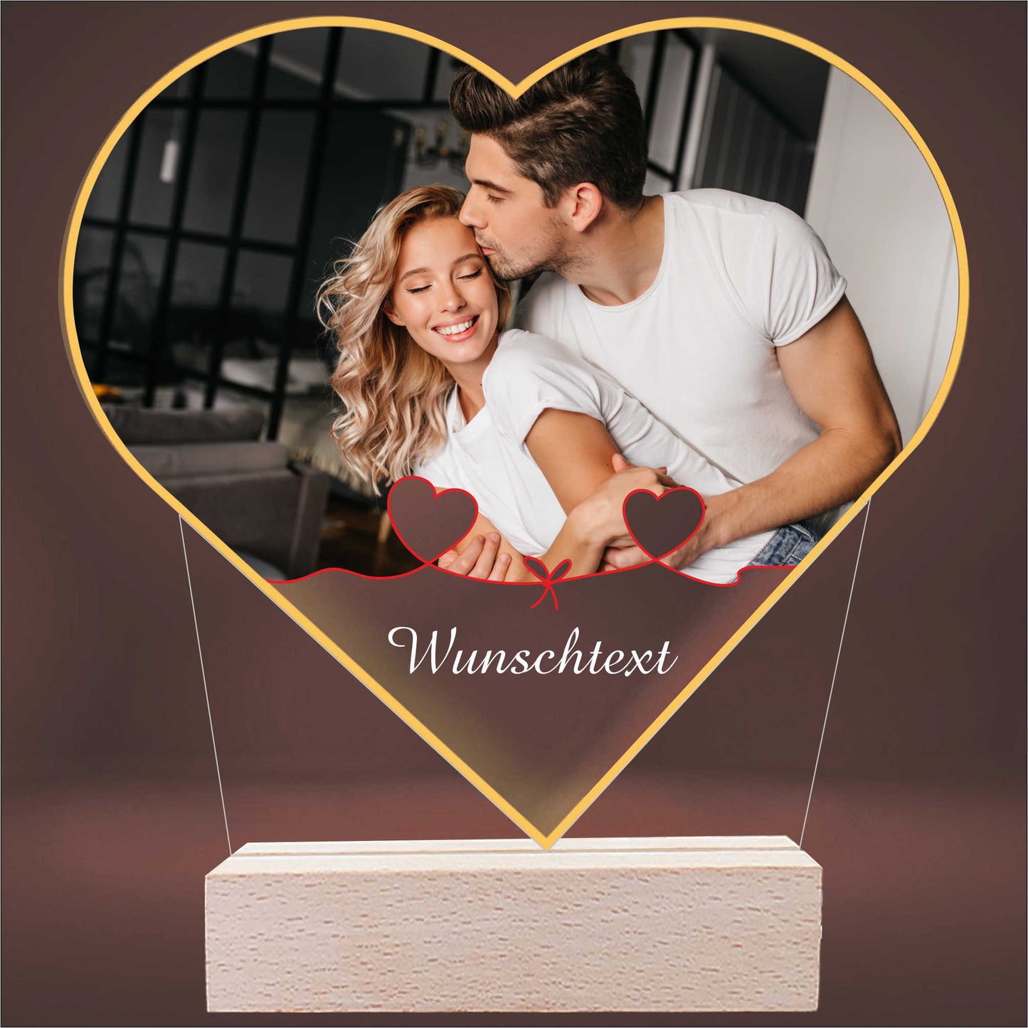 INDIGOS UG - Personalisiert - 3D LED Lampe - Herz - mit Foto und Wunschtext - individuell selbst gestalten - Geschenk - Valentinstag - Acrylglas 14x14 cm - optionale Lampe warmweiss