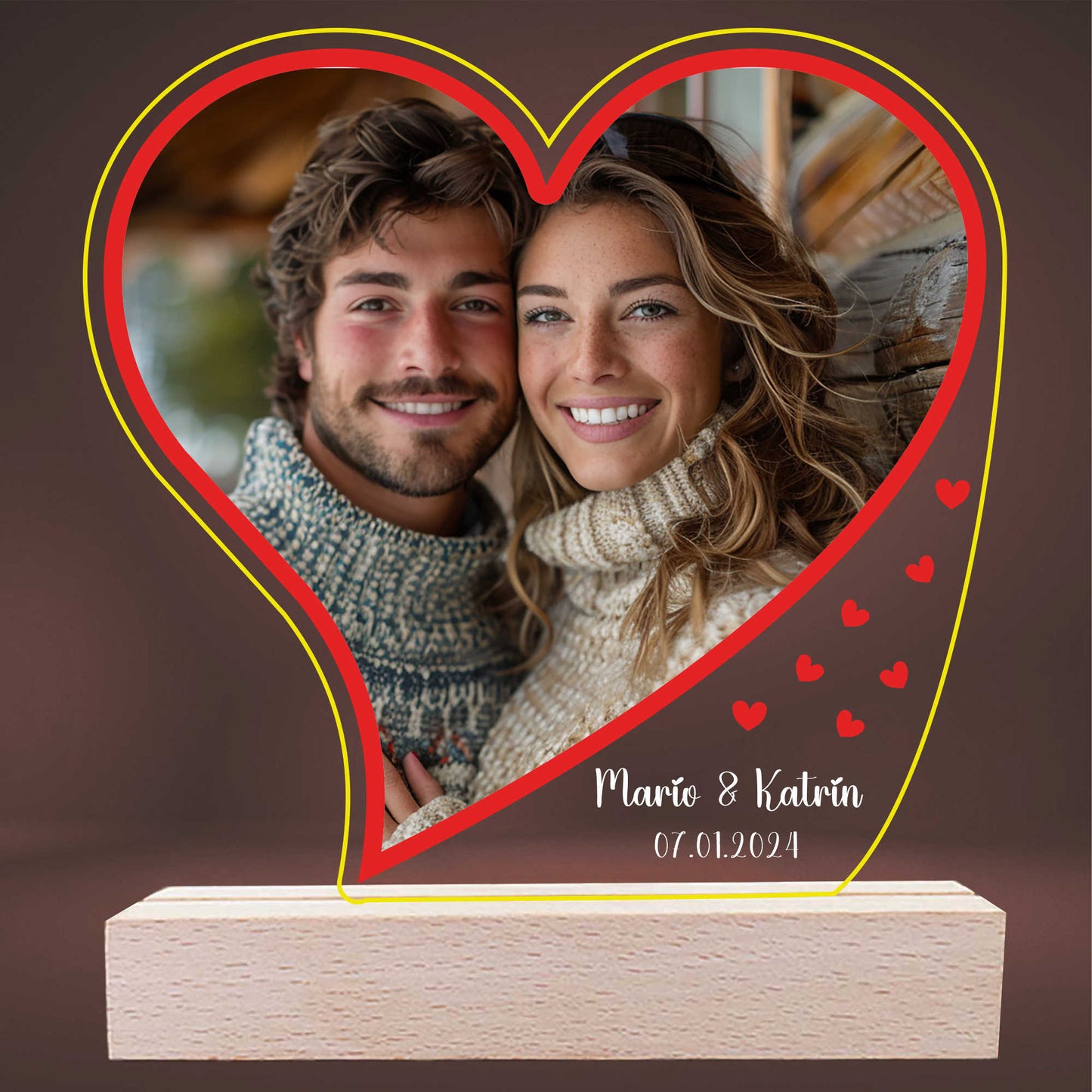 INDIGOS UG - Personalisiert - 3D LED Lampe - Herz - mit Foto und Wunschtext - individuell selbst gestalten - Geschenk - Valentinstag - Acrylglas 14x14 cm - optionale Lampe warmweiss
