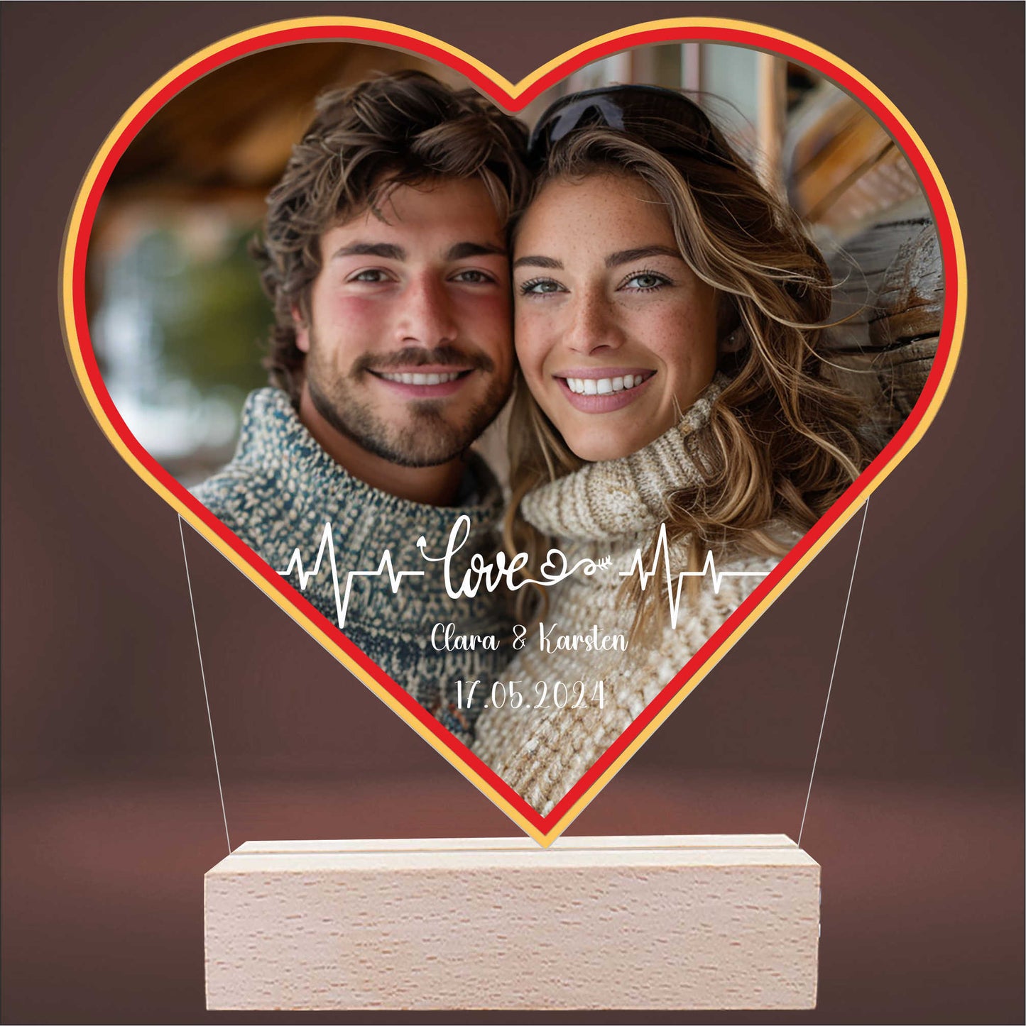 INDIGOS UG - Personalisiert - 3D LED Lampe - Herz - mit Foto und Wunschtext - individuell selbst gestalten - Geschenk - Valentinstag - Acrylglas 14x14 cm - optionale Lampe warmweiss
