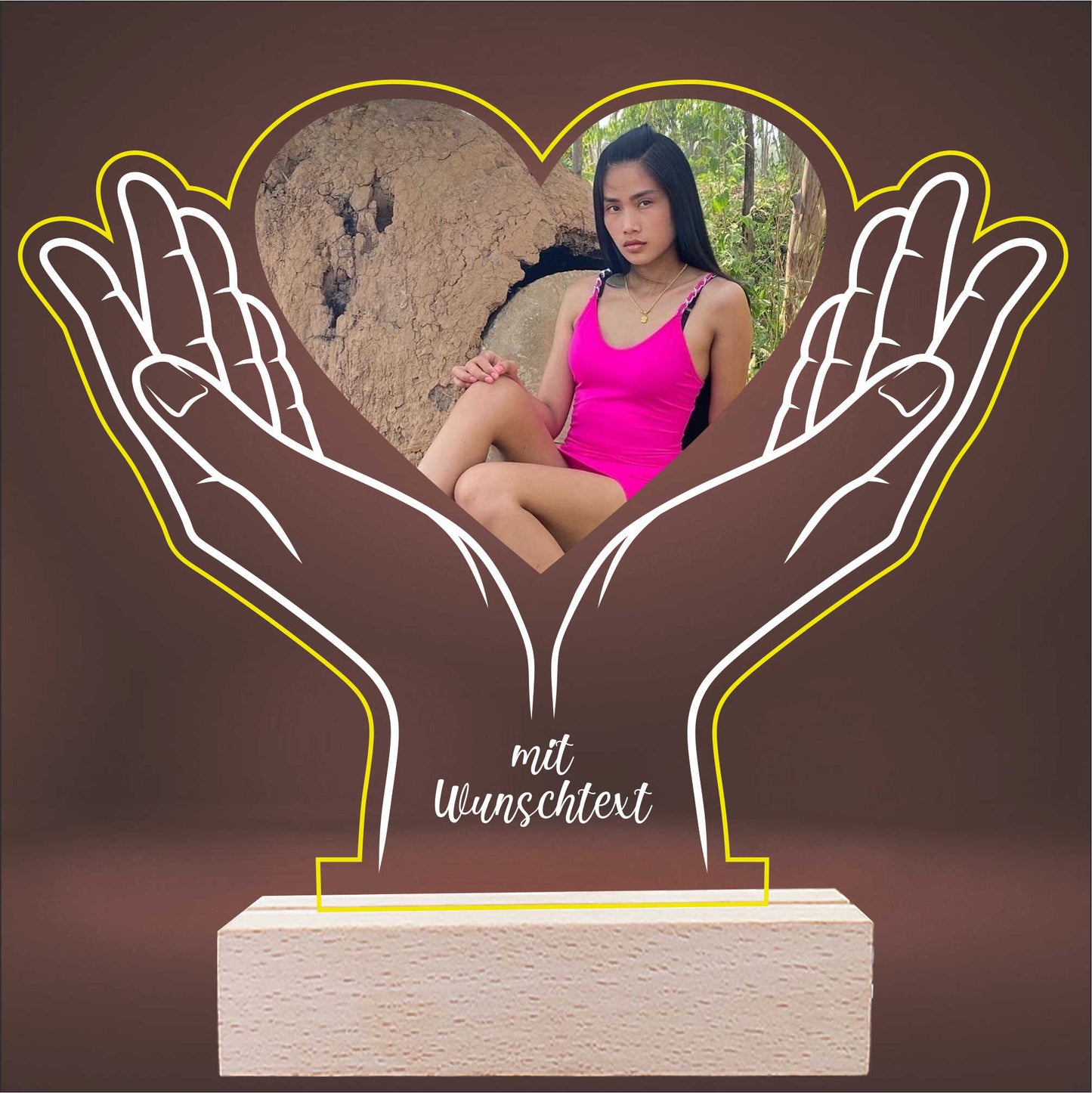 INDIGOS UG - Personalisiert - 3D LED Lampe - Herz - mit Foto und Wunschtext - individuell selbst gestalten - Geschenk - Valentinstag - Acrylglas 14x14 cm - optionale Lampe warmweiss