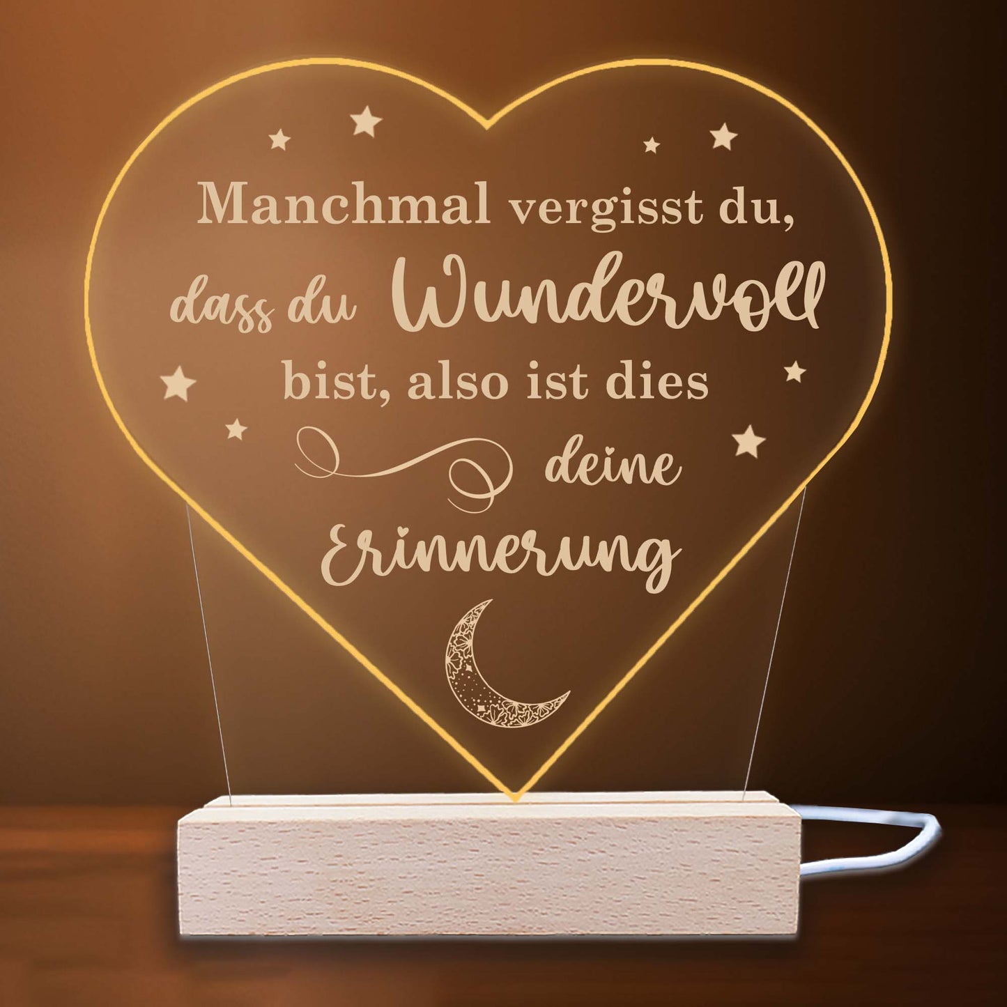 INDIGOS UG - LED Nachttischlampe - Herz - Spruch 1 -  Valentinstag - Herz mit Spruch - Nachtlicht - 3D-LED-Lampe - Weihnachten, Geburtstag - Geschenk für Freund, Freundin, Familie - Liebe