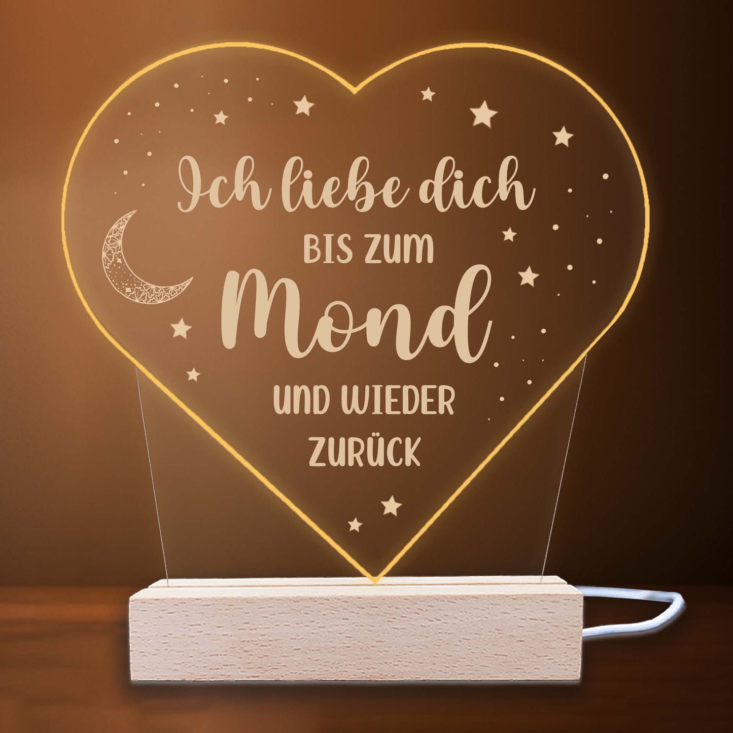 INDIGOS UG - LED Nachttischlampe - Herz - Spruch 1 -  Valentinstag - Herz mit Spruch - Nachtlicht - 3D-LED-Lampe - Weihnachten, Geburtstag - Geschenk für Freund, Freundin, Familie - Liebe