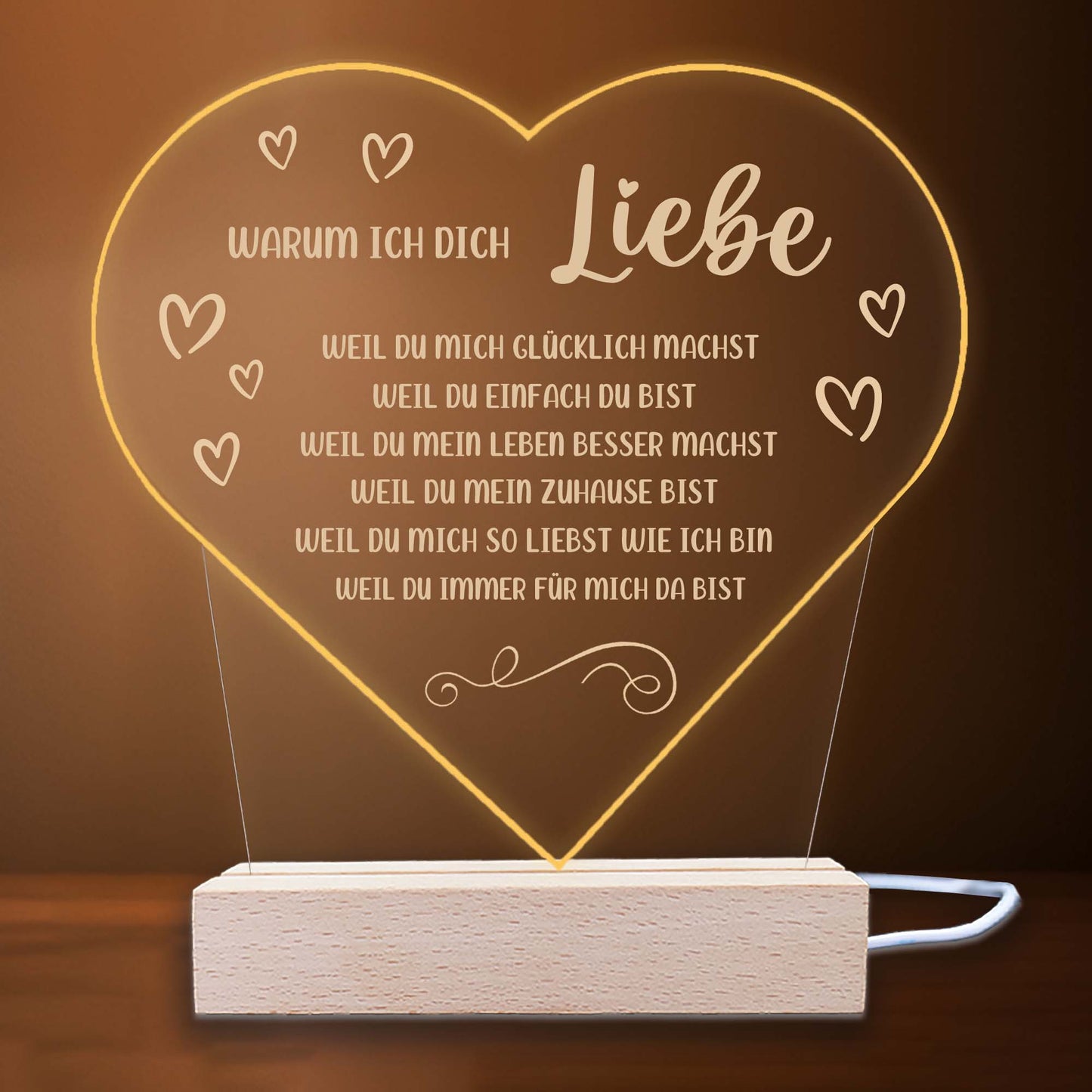 INDIGOS UG - LED Nachttischlampe - Herz - Spruch 1 -  Valentinstag - Herz mit Spruch - Nachtlicht - 3D-LED-Lampe - Weihnachten, Geburtstag - Geschenk für Freund, Freundin, Familie - Liebe