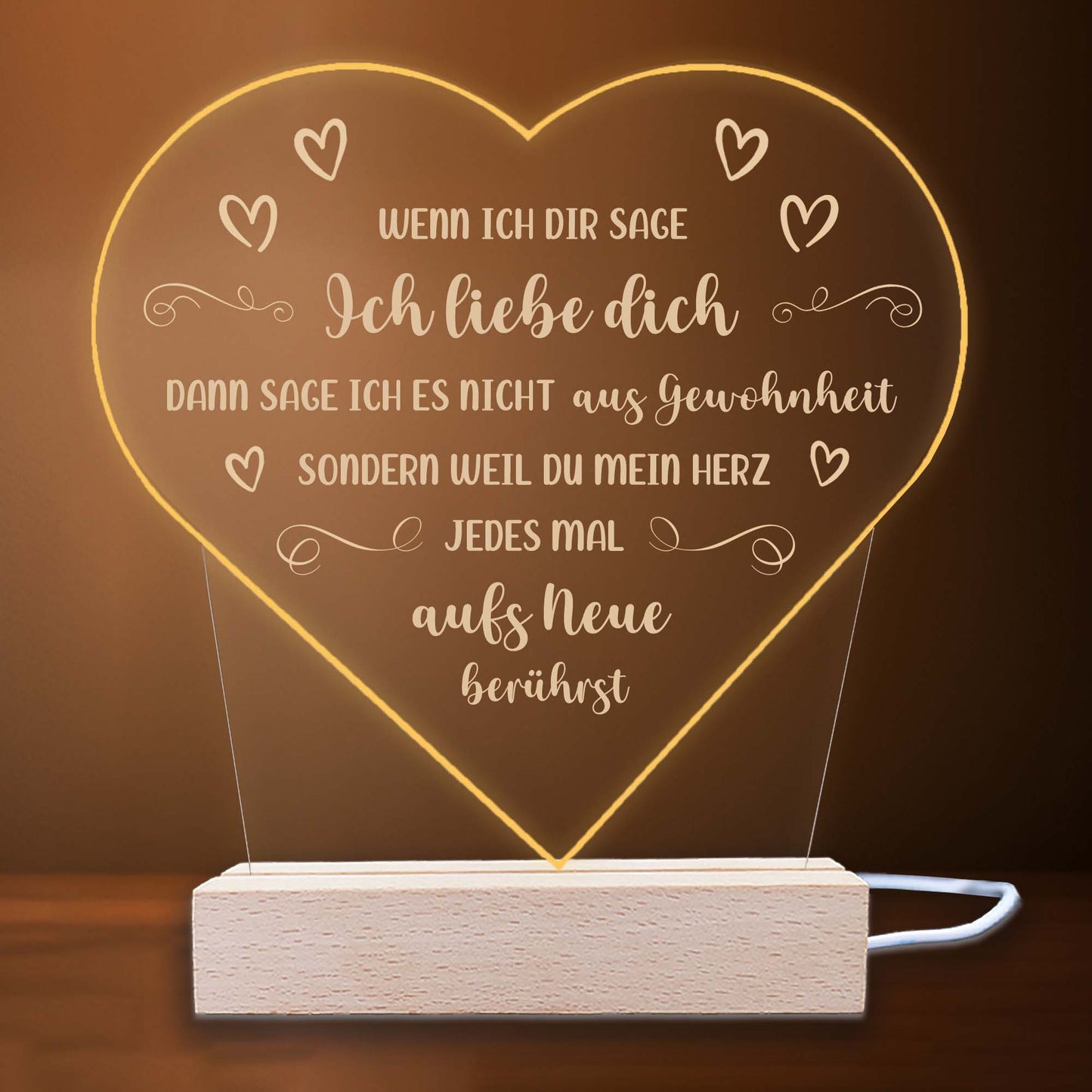 INDIGOS UG - LED Nachttischlampe - Herz - Spruch 1 -  Valentinstag - Herz mit Spruch - Nachtlicht - 3D-LED-Lampe - Weihnachten, Geburtstag - Geschenk für Freund, Freundin, Familie - Liebe