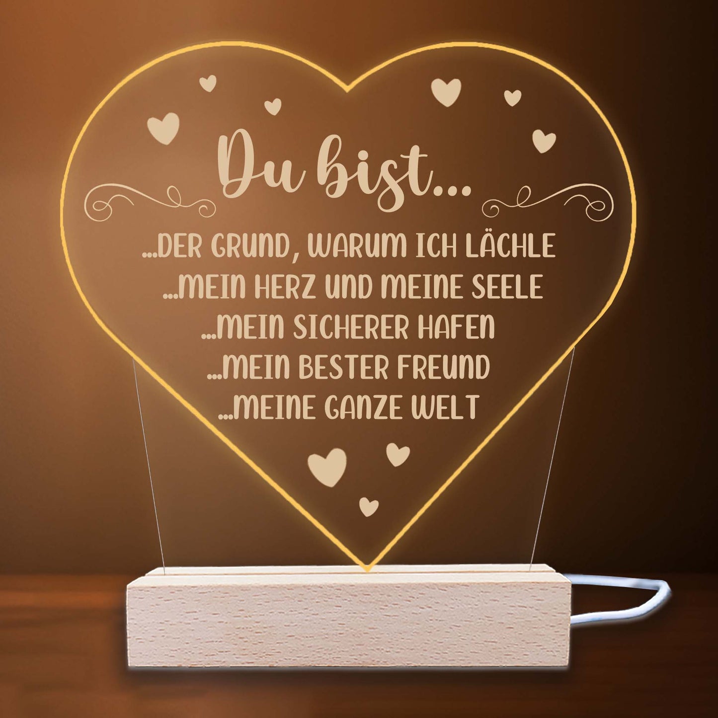 INDIGOS UG - LED Nachttischlampe - Herz - Spruch 1 -  Valentinstag - Herz mit Spruch - Nachtlicht - 3D-LED-Lampe - Weihnachten, Geburtstag - Geschenk für Freund, Freundin, Familie - Liebe