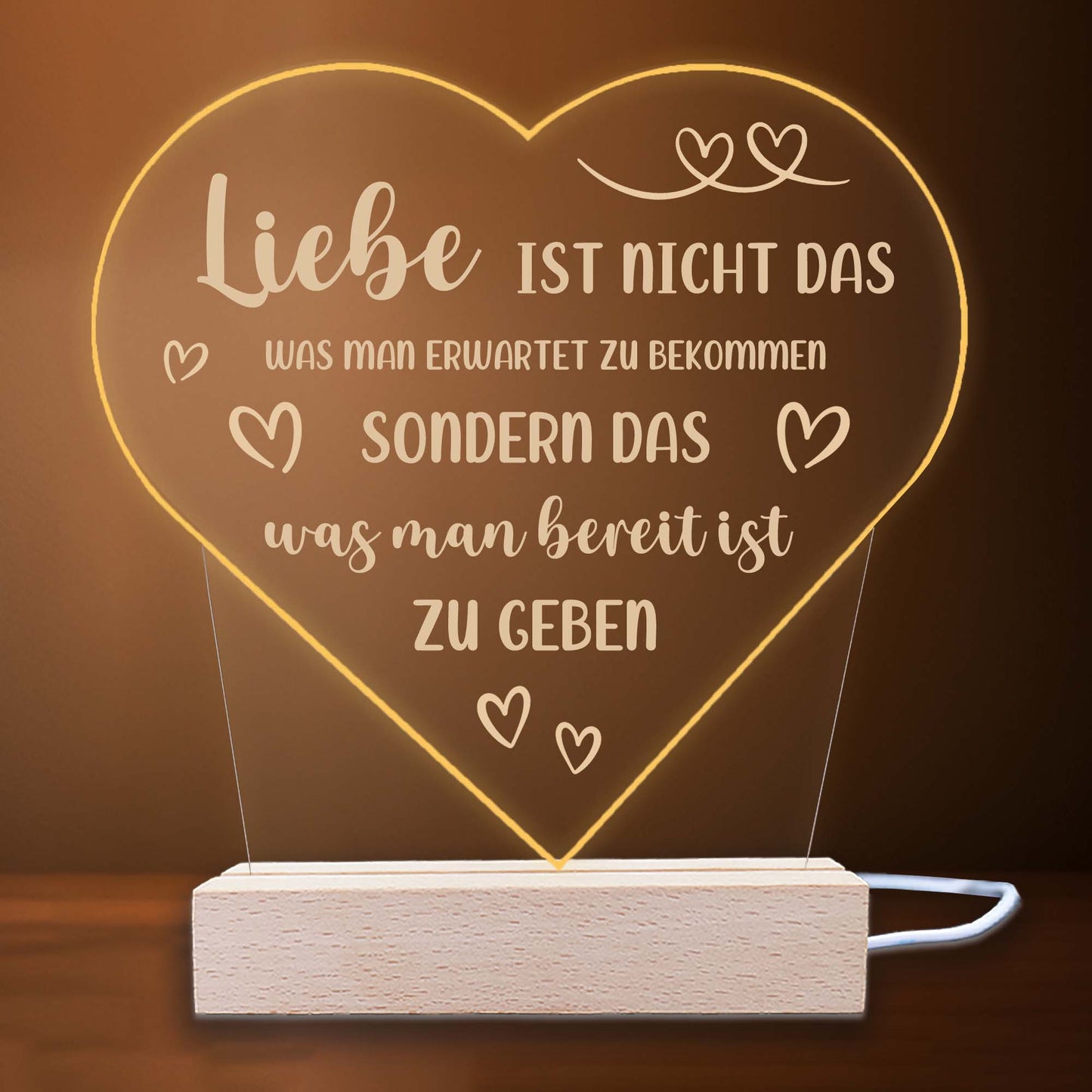 INDIGOS UG - LED Nachttischlampe - Herz - Spruch 1 -  Valentinstag - Herz mit Spruch - Nachtlicht - 3D-LED-Lampe - Weihnachten, Geburtstag - Geschenk für Freund, Freundin, Familie - Liebe