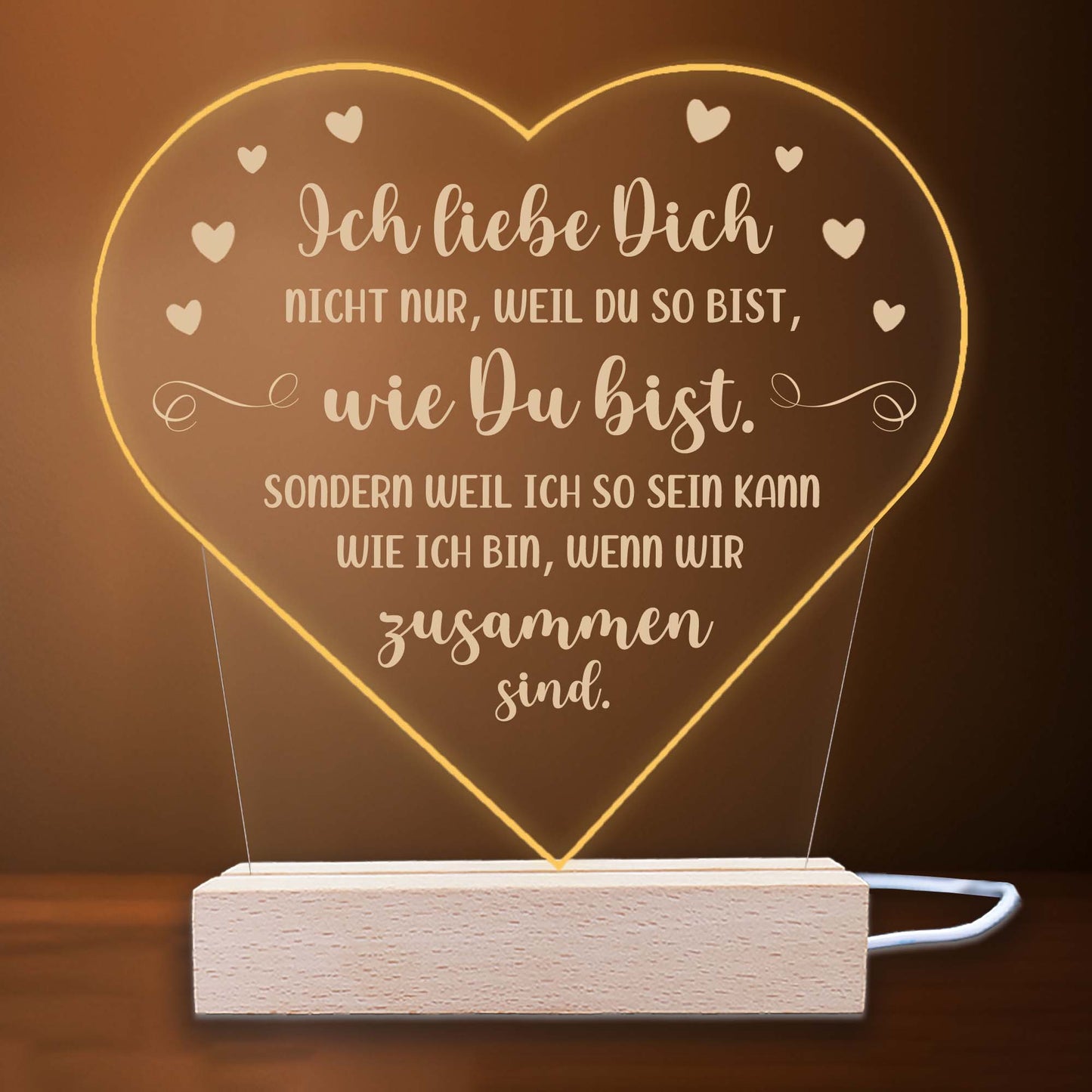 INDIGOS UG - LED Nachttischlampe - Herz - Spruch 1 -  Valentinstag - Herz mit Spruch - Nachtlicht - 3D-LED-Lampe - Weihnachten, Geburtstag - Geschenk für Freund, Freundin, Familie - Liebe