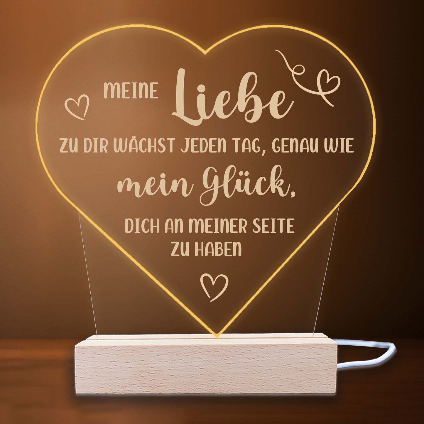 INDIGOS UG - LED Nachttischlampe - Herz - Spruch 1 -  Valentinstag - Herz mit Spruch - Nachtlicht - 3D-LED-Lampe - Weihnachten, Geburtstag - Geschenk für Freund, Freundin, Familie - Liebe