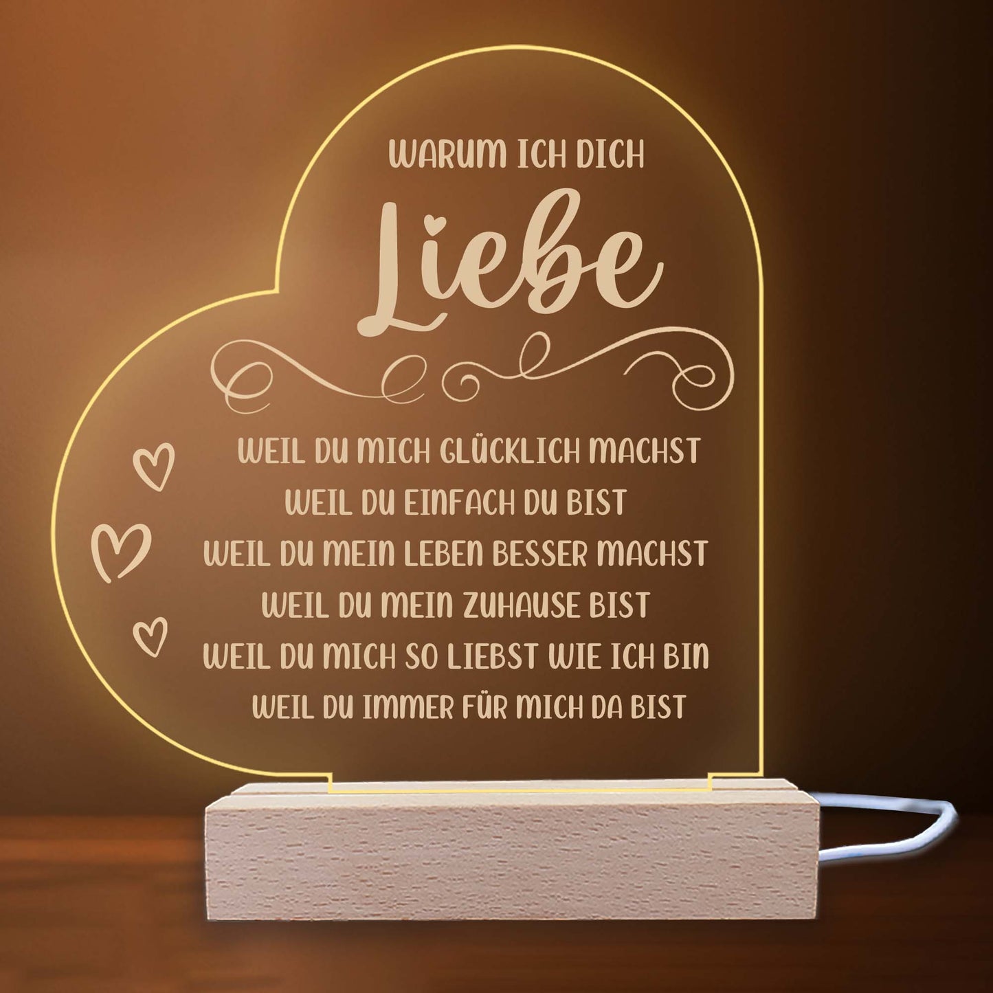 INDIGOS UG - LED Nachttischlampe - Herz links - Spruch 1 - Liebe, Familie, Mama, Papa - Herz mit Spruch - Nachtlicht - 3D-LED-Lampe  - Geschenk, Geburtstag, Weihnachten, Muttertag, Vatertag