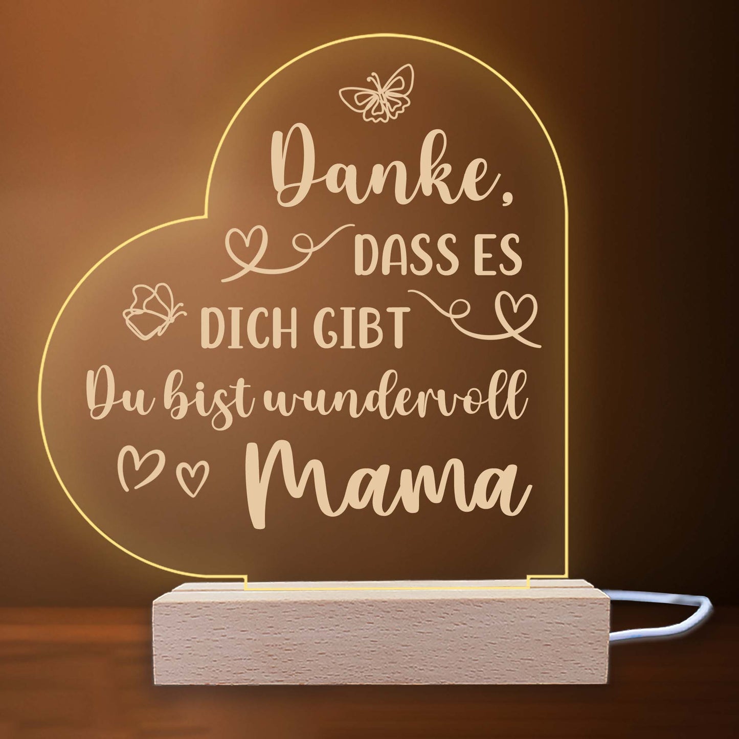 INDIGOS UG - LED Nachttischlampe - Herz links - Spruch 1 - Liebe, Familie, Mama, Papa - Herz mit Spruch - Nachtlicht - 3D-LED-Lampe  - Geschenk, Geburtstag, Weihnachten, Muttertag, Vatertag