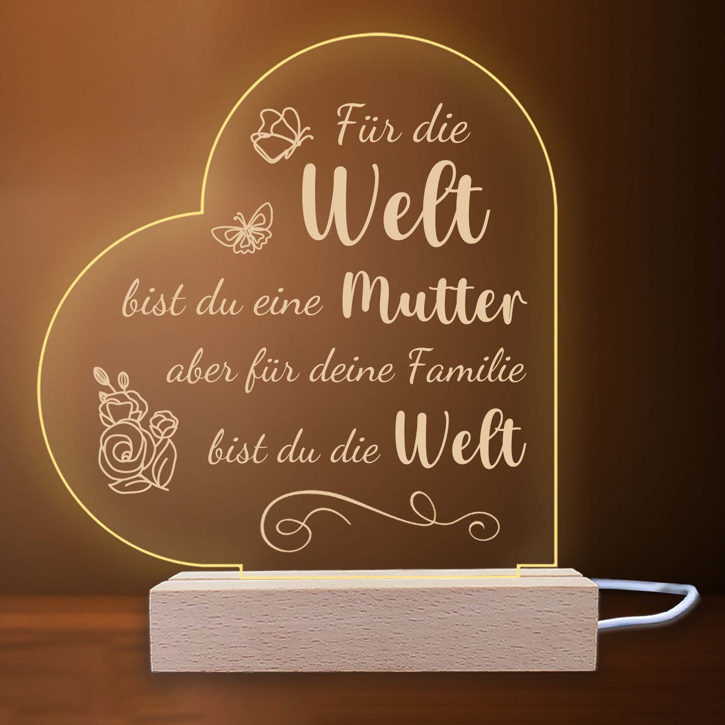 INDIGOS UG - LED Nachttischlampe - Herz links - Spruch 1 - Liebe, Familie, Mama, Papa - Herz mit Spruch - Nachtlicht - 3D-LED-Lampe  - Geschenk, Geburtstag, Weihnachten, Muttertag, Vatertag