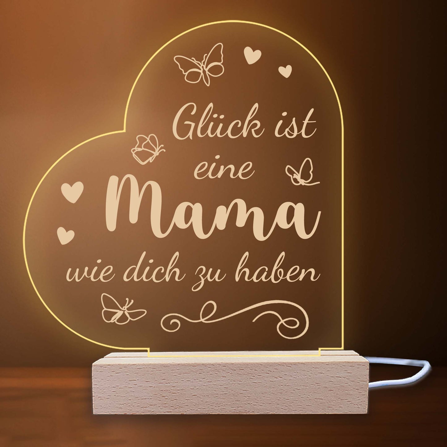 INDIGOS UG - LED Nachttischlampe - Herz links - Spruch 1 - Liebe, Familie, Mama, Papa - Herz mit Spruch - Nachtlicht - 3D-LED-Lampe  - Geschenk, Geburtstag, Weihnachten, Muttertag, Vatertag