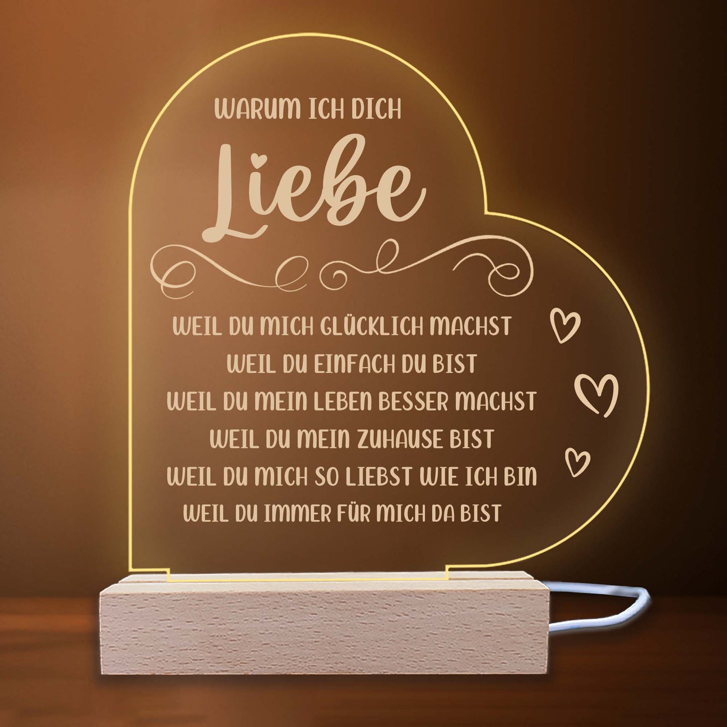 INDIGOS UG - LED Nachttischlampe - Herz links - Spruch 1 - Liebe, Familie, Mama, Papa - Herz mit Spruch - Nachtlicht - 3D-LED-Lampe  - Geschenk, Geburtstag, Weihnachten, Muttertag, Vatertag