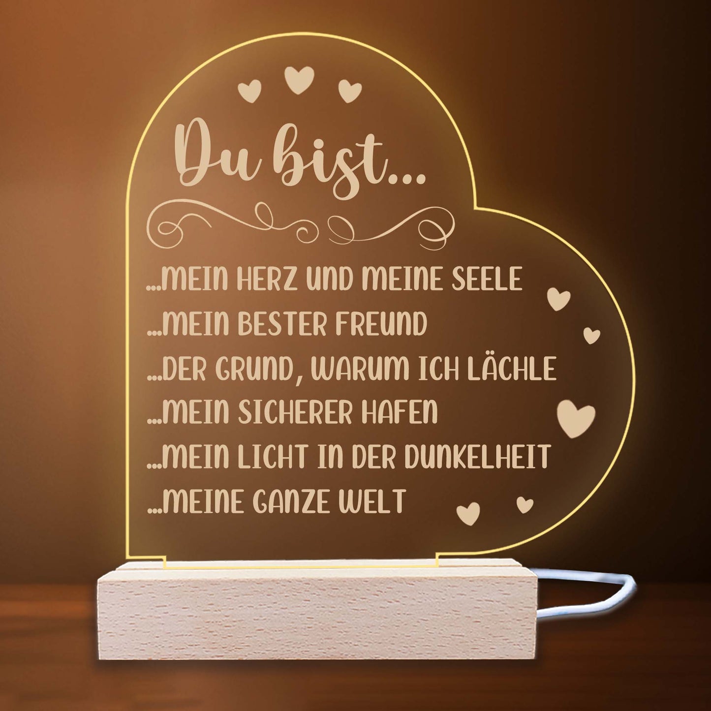 INDIGOS UG - LED Nachttischlampe - Herz links - Spruch 1 - Liebe, Familie, Mama, Papa - Herz mit Spruch - Nachtlicht - 3D-LED-Lampe  - Geschenk, Geburtstag, Weihnachten, Muttertag, Vatertag