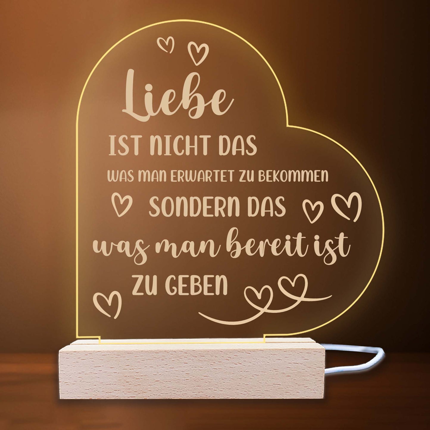 INDIGOS UG - LED Nachttischlampe - Herz links - Spruch 1 - Liebe, Familie, Mama, Papa - Herz mit Spruch - Nachtlicht - 3D-LED-Lampe  - Geschenk, Geburtstag, Weihnachten, Muttertag, Vatertag