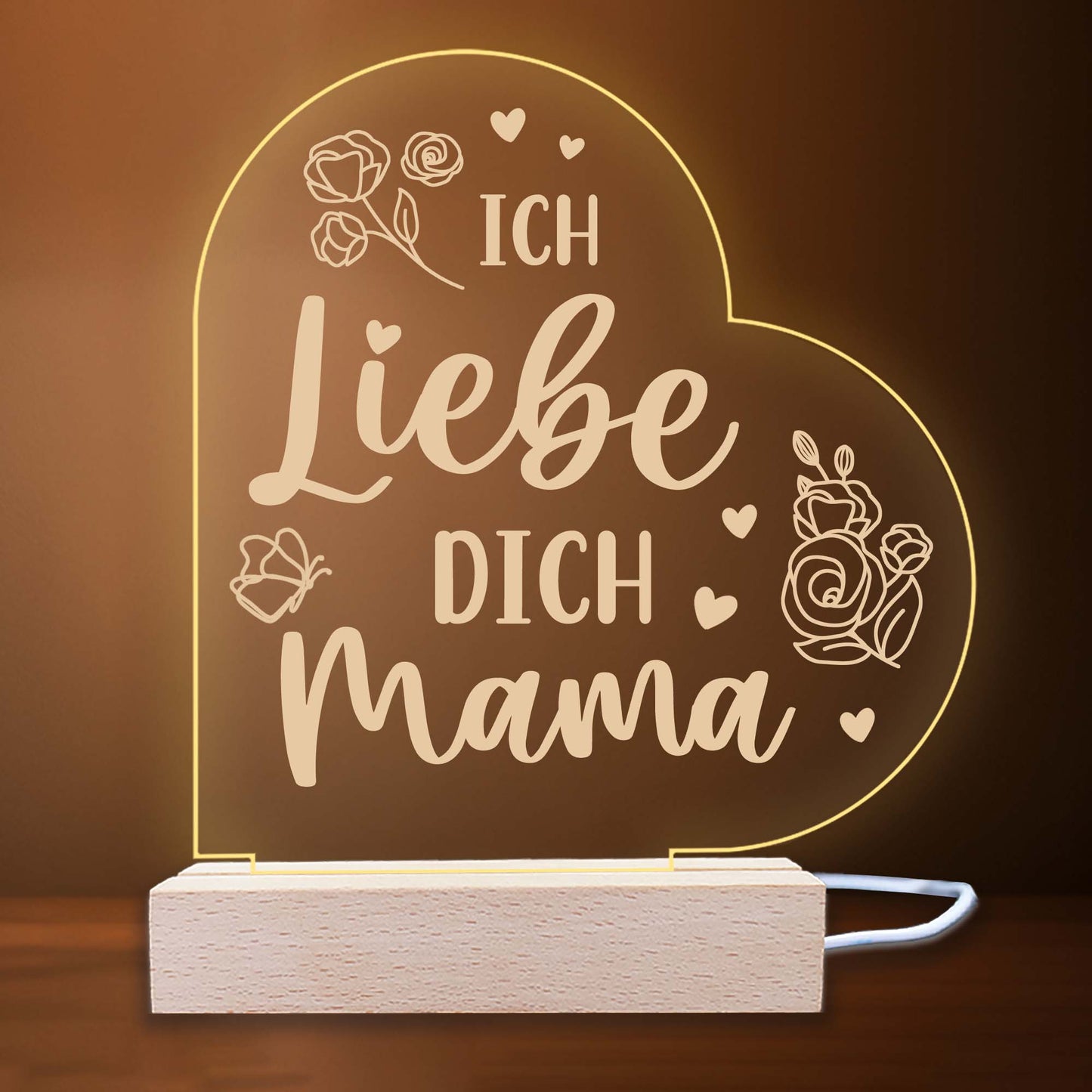 INDIGOS UG - LED Nachttischlampe - Herz links - Spruch 1 - Liebe, Familie, Mama, Papa - Herz mit Spruch - Nachtlicht - 3D-LED-Lampe  - Geschenk, Geburtstag, Weihnachten, Muttertag, Vatertag