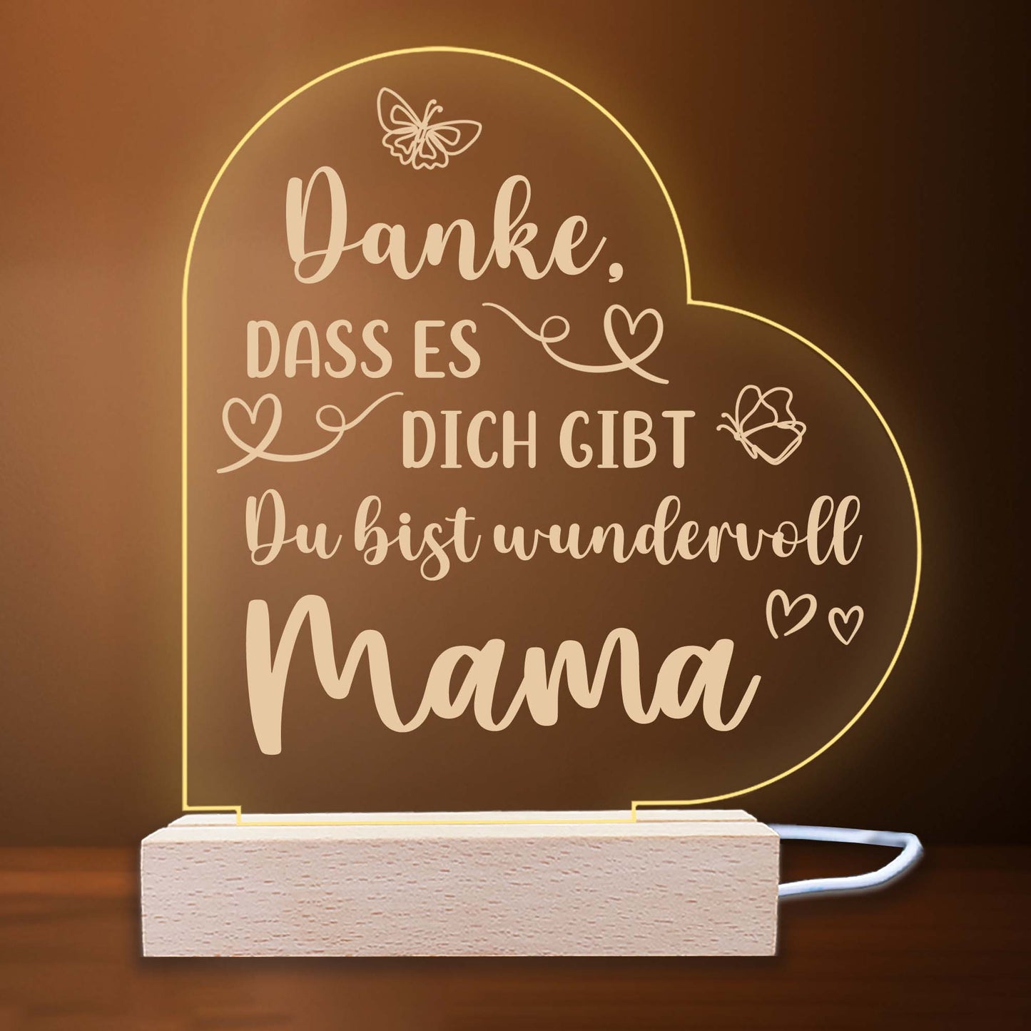 INDIGOS UG - LED Nachttischlampe - Herz links - Spruch 1 - Liebe, Familie, Mama, Papa - Herz mit Spruch - Nachtlicht - 3D-LED-Lampe  - Geschenk, Geburtstag, Weihnachten, Muttertag, Vatertag