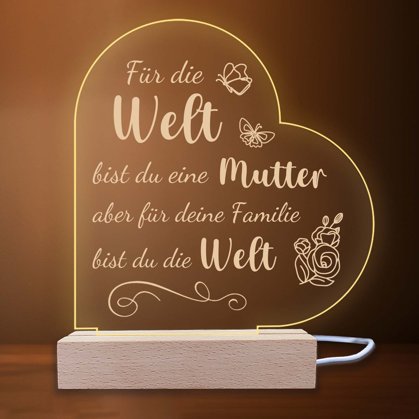 INDIGOS UG - LED Nachttischlampe - Herz links - Spruch 1 - Liebe, Familie, Mama, Papa - Herz mit Spruch - Nachtlicht - 3D-LED-Lampe  - Geschenk, Geburtstag, Weihnachten, Muttertag, Vatertag