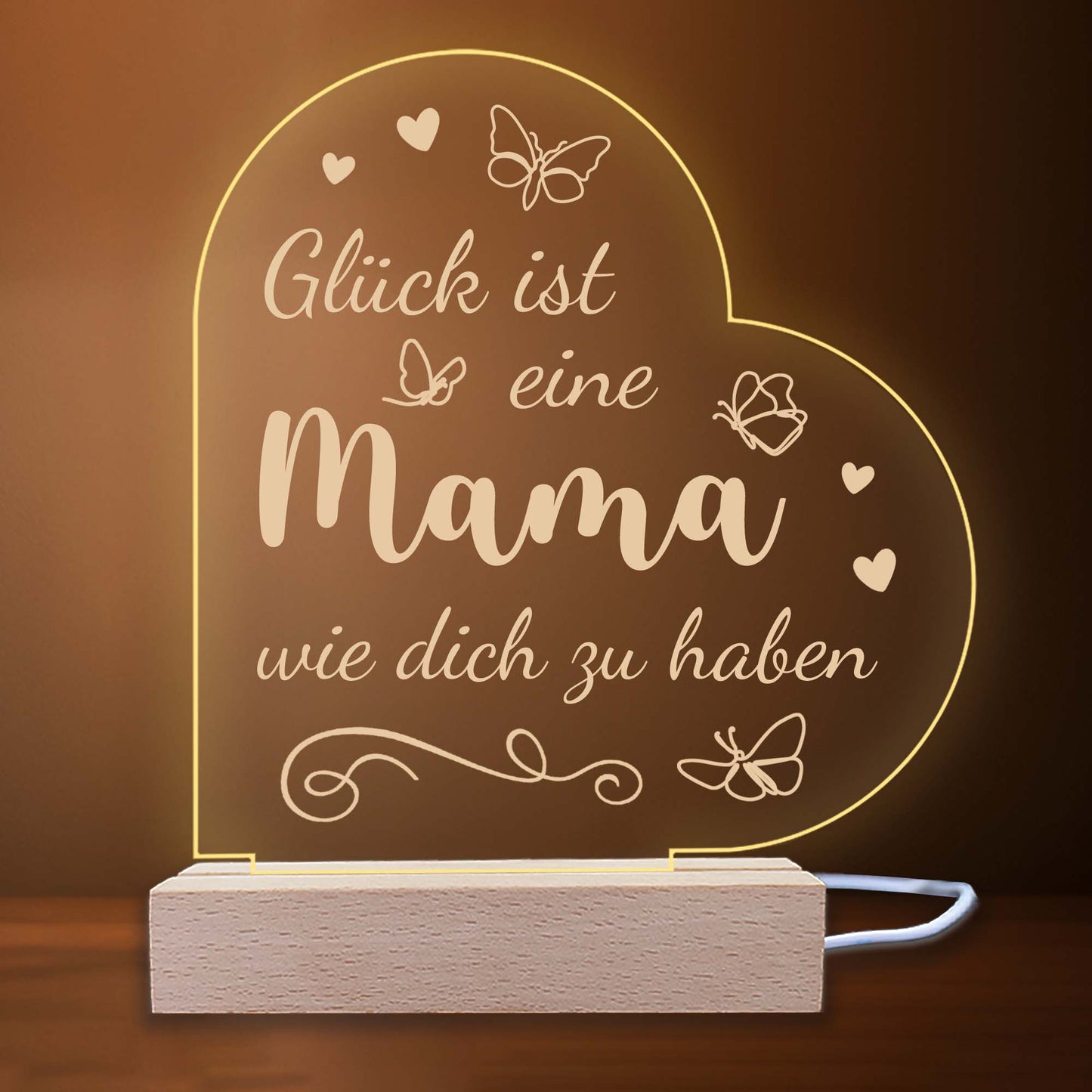 INDIGOS UG - LED Nachttischlampe - Herz links - Spruch 1 - Liebe, Familie, Mama, Papa - Herz mit Spruch - Nachtlicht - 3D-LED-Lampe  - Geschenk, Geburtstag, Weihnachten, Muttertag, Vatertag