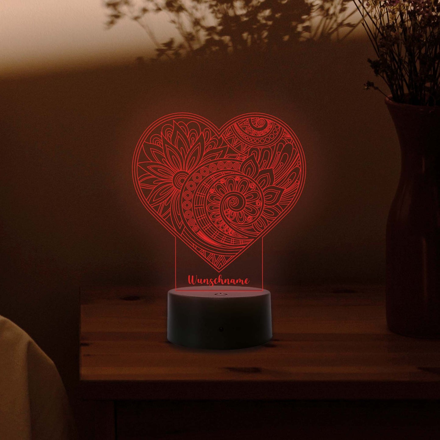 INDIGOS UG - 3D LED Nachttischlampe - Herz Blumenmuster - personalisiert mit Wunschname - Touch-Nachtlicht - individuell mit Wunschtext - Illusion, Geschenk - Weihnachten Geburtstag