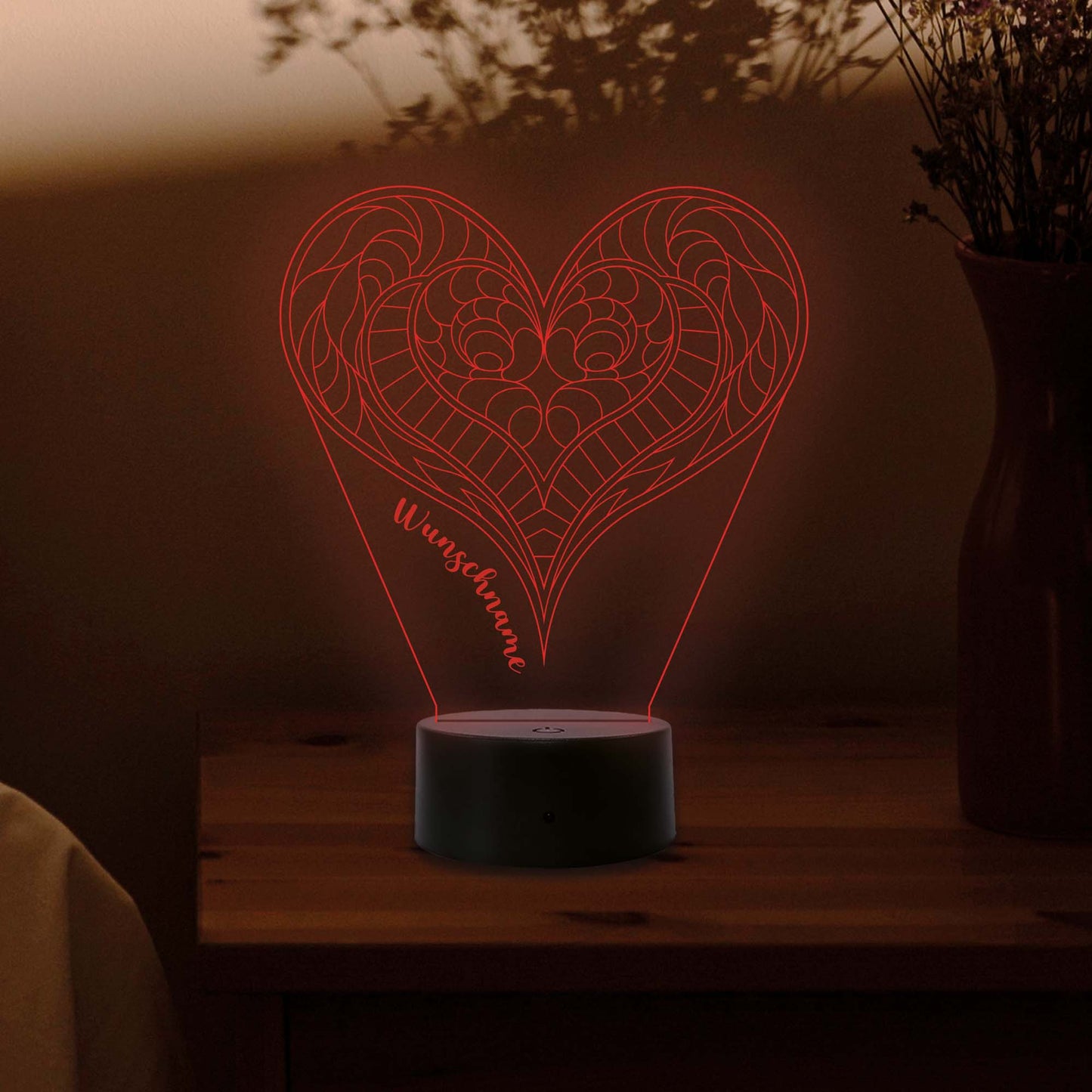 INDIGOS UG - 3D LED Nachttischlampe - Herz mit Muster - personalisiert mit Wunschname - Touch-Nachtlicht - individuell mit Wunschtext - Illusion, Geschenk - Weihnachten Geburtstag