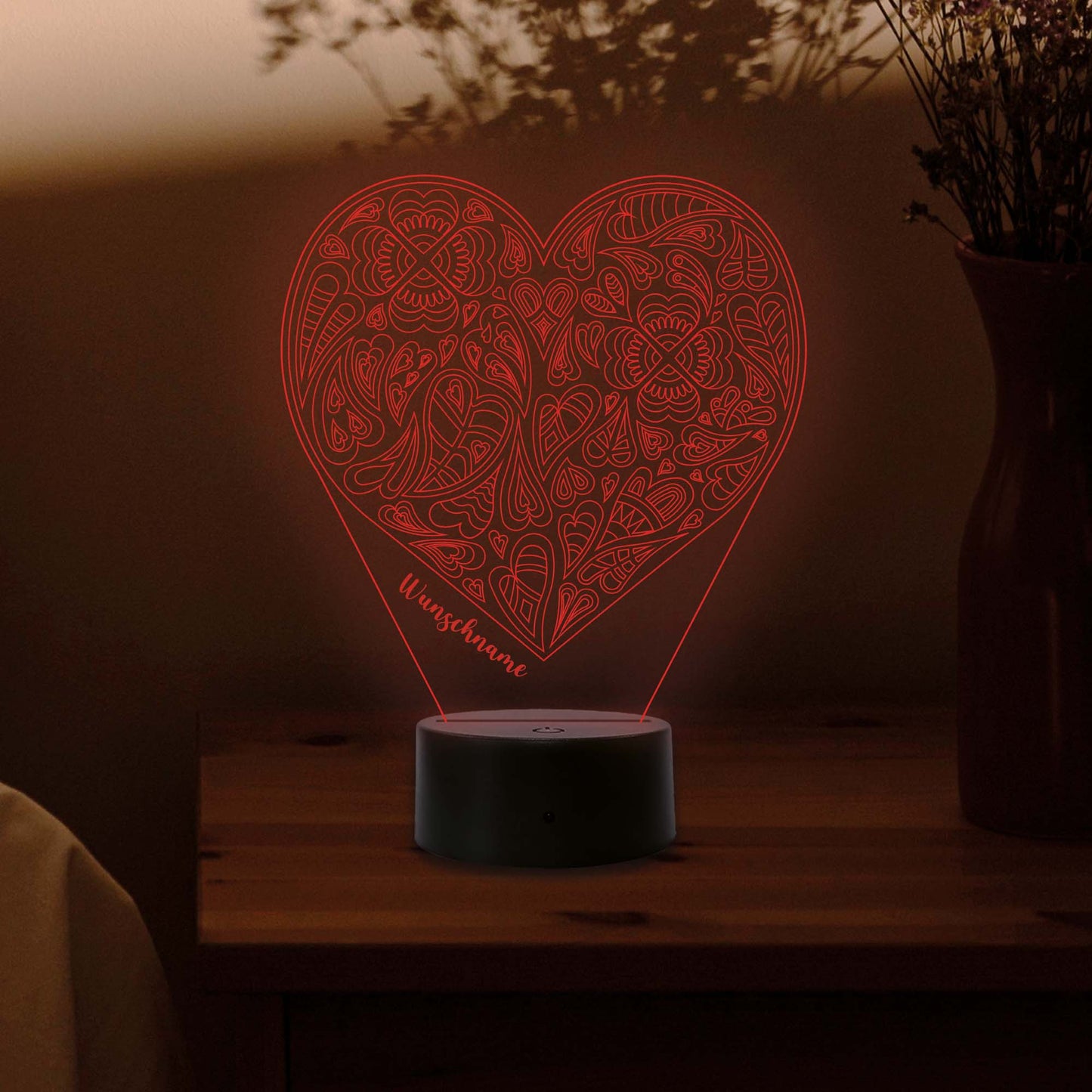 INDIGOS UG - 3D LED Nachttischlampe - Herz gemustert - personalisiert mit Wunschname - Touch-Nachtlicht - individuell mit Wunschtext - Illusion, Geschenk - Weihnachten Geburtstag