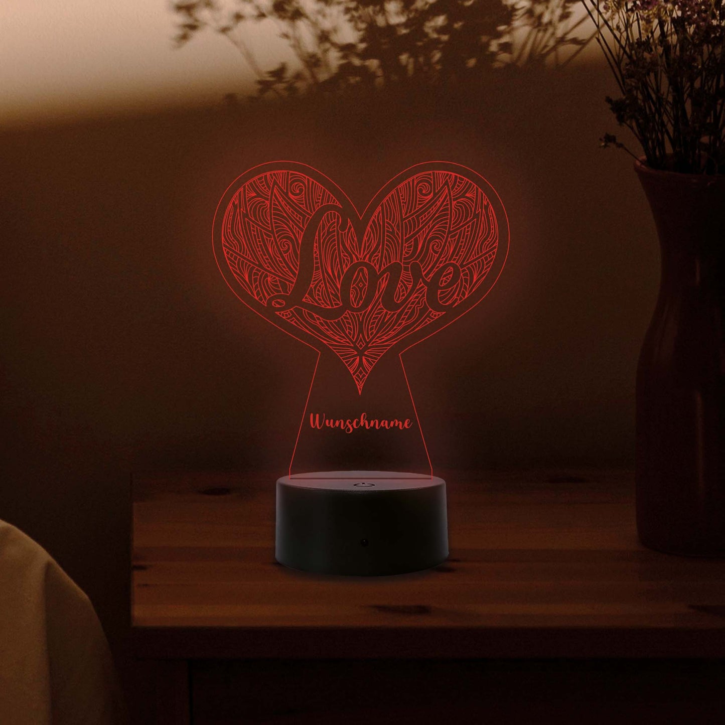 INDIGOS UG - 3D LED Nachttischlampe - Herz Love - personalisiert mit Wunschname - Touch-Nachtlicht - individuell mit Wunschtext - Illusion, Geschenk - Weihnachten Geburtstag