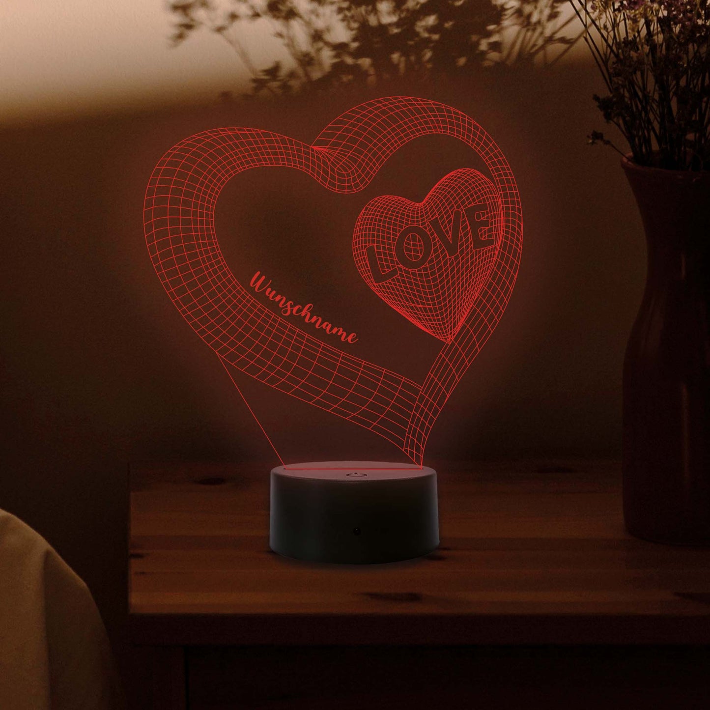 INDIGOS UG - 3D LED Nachttischlampe - Herzen Love - personalisiert mit Wunschname - Touch-Nachtlicht - individuell mit Wunschtext - Illusion, Geschenk - Weihnachten Geburtstag
