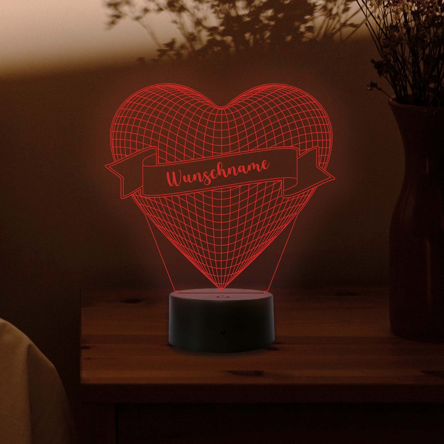 INDIGOS UG - 3D LED Nachttischlampe - Herz - personalisiert mit Wunschname - Touch-Nachtlicht - individuell mit Wunschtext - Illusion, Geschenk - Weihnachten Geburtstag