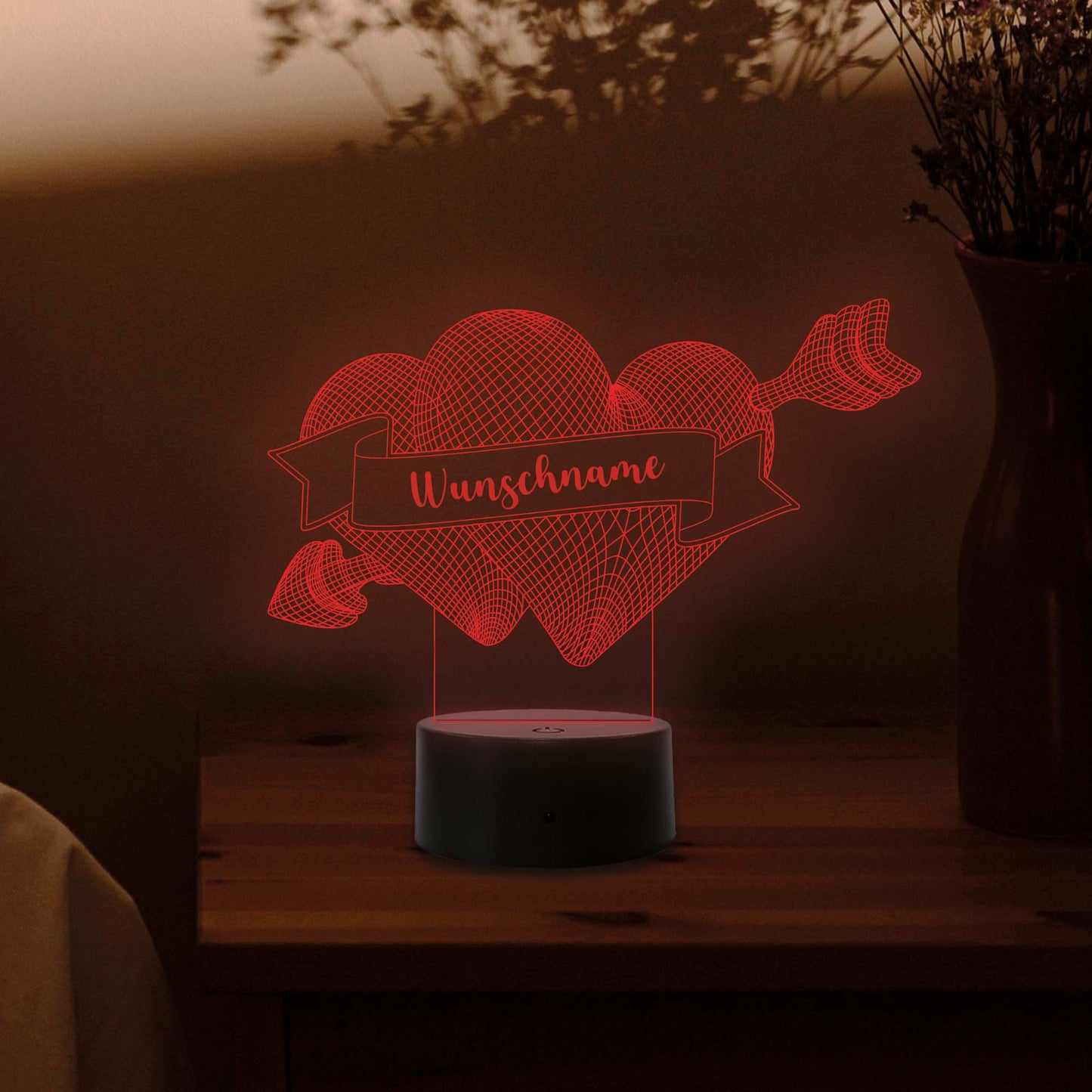 INDIGOS UG - 3D LED Nachttischlampe - zwei Herzen - personalisiert mit Wunschname - Touch-Nachtlicht - individuell mit Wunschtext - Illusion, Geschenk - Weihnachten Geburtstag