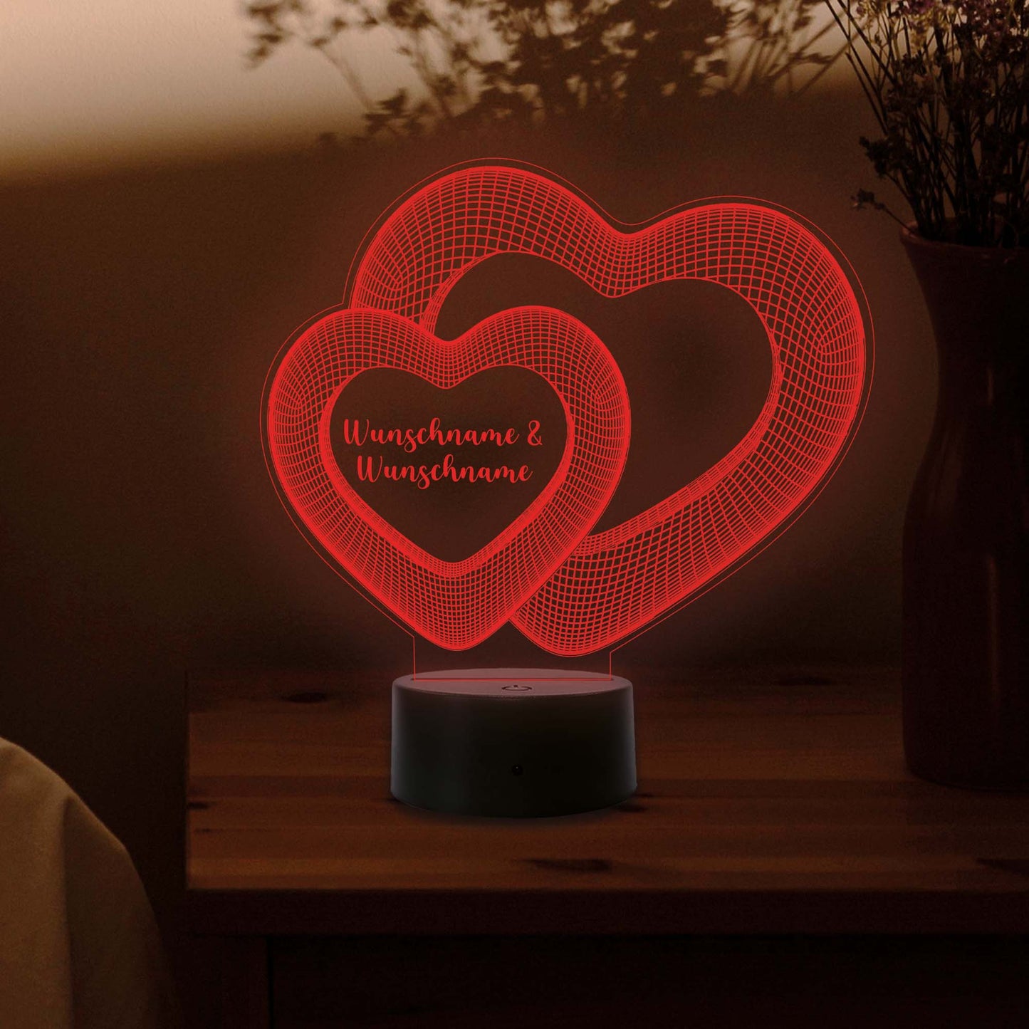 INDIGOS UG - 3D LED Nachttischlampe - zwei Herzen Rahmen - personalisiert mit Wunschname - Touch-Nachtlicht - individuell mit Wunschtext - Illusion, Geschenk - Weihnachten Geburtstag