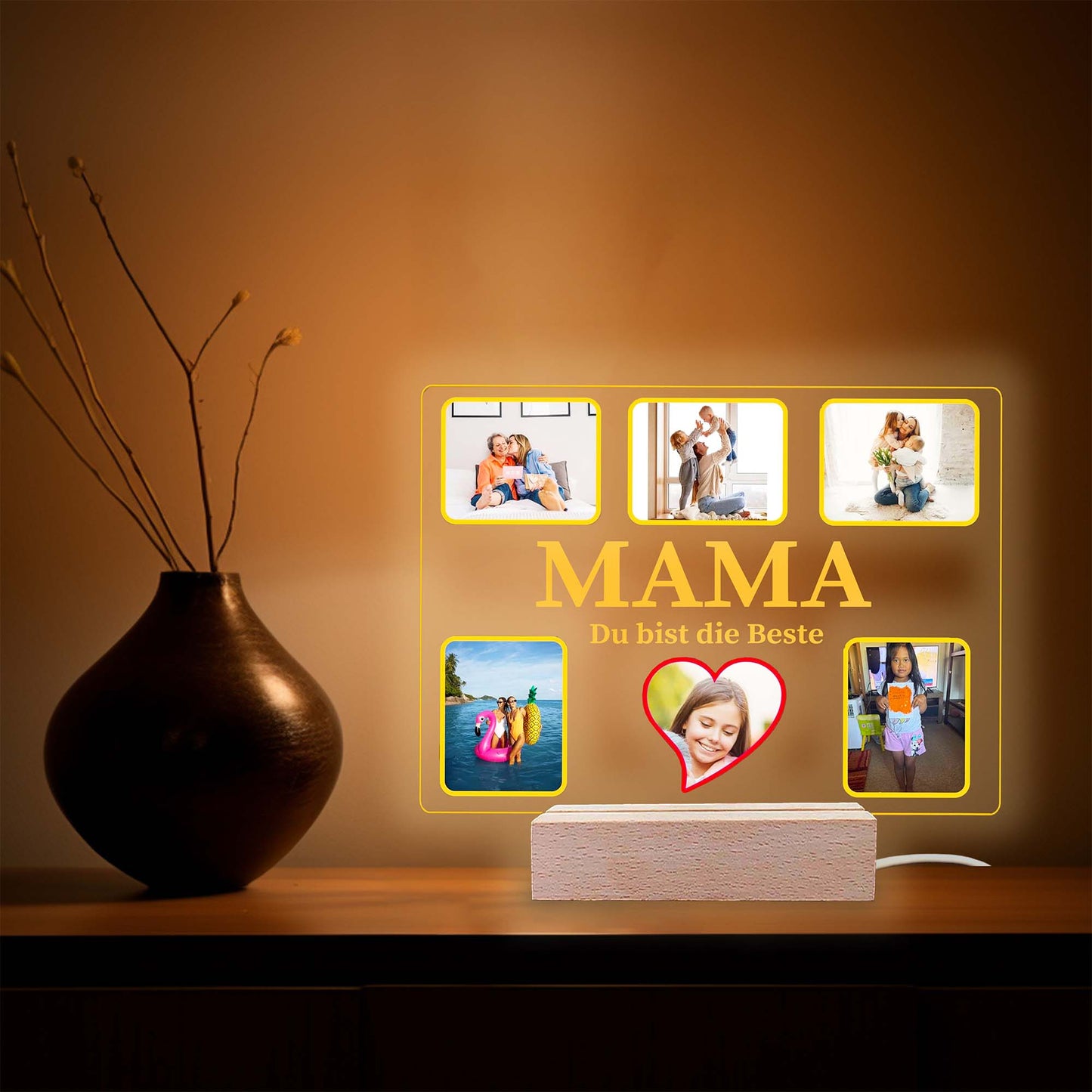 INDIGOS UG - SCHATZI - Personalisierte 3D LED Lampe - mit Foto und Widmung - personalisiertes Geschenke - Acrylglas 18x14 cm - optionale Lampe warmweiss