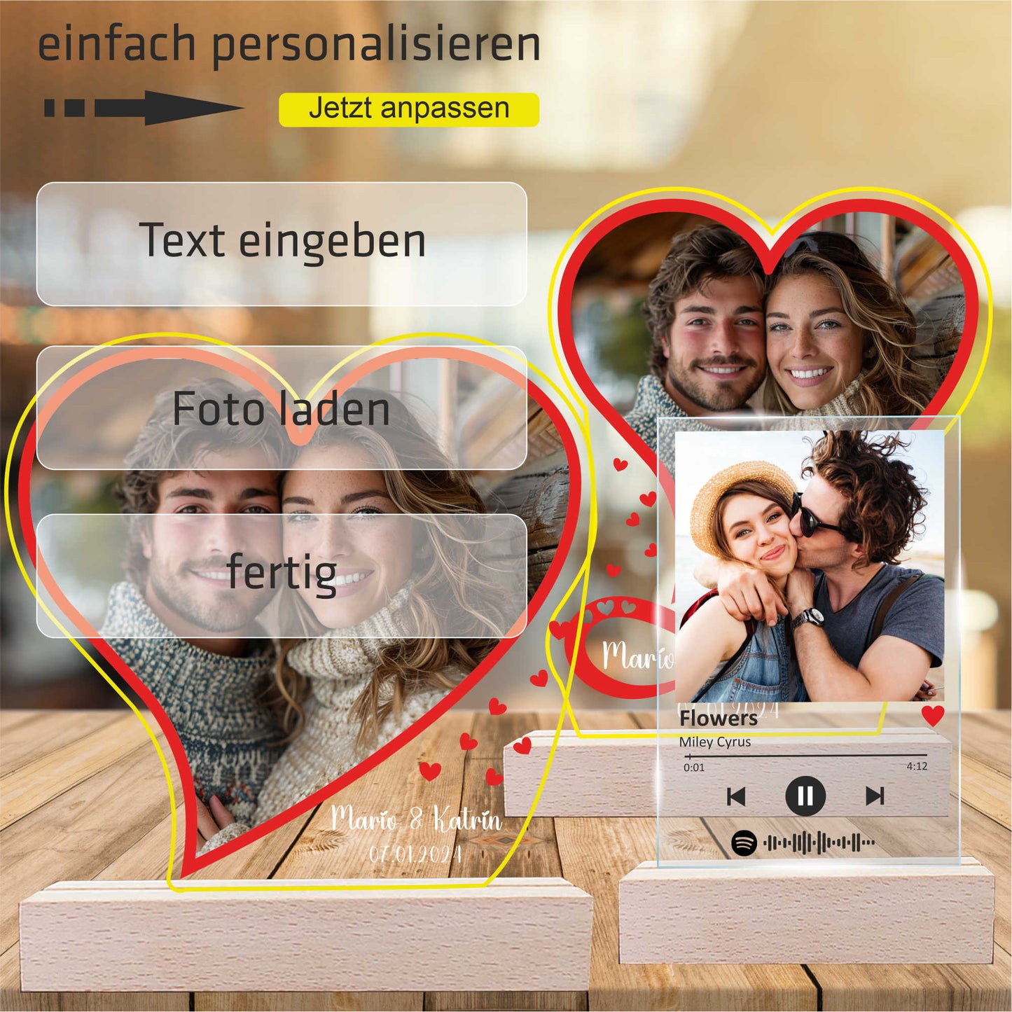 INDIGOS UG - Personalisiert - 3D LED Lampe - Herz - mit Foto und Wunschtext - individuell selbst gestalten - Geschenk - Valentinstag - Acrylglas 14x14 cm - optionale Lampe warmweiss