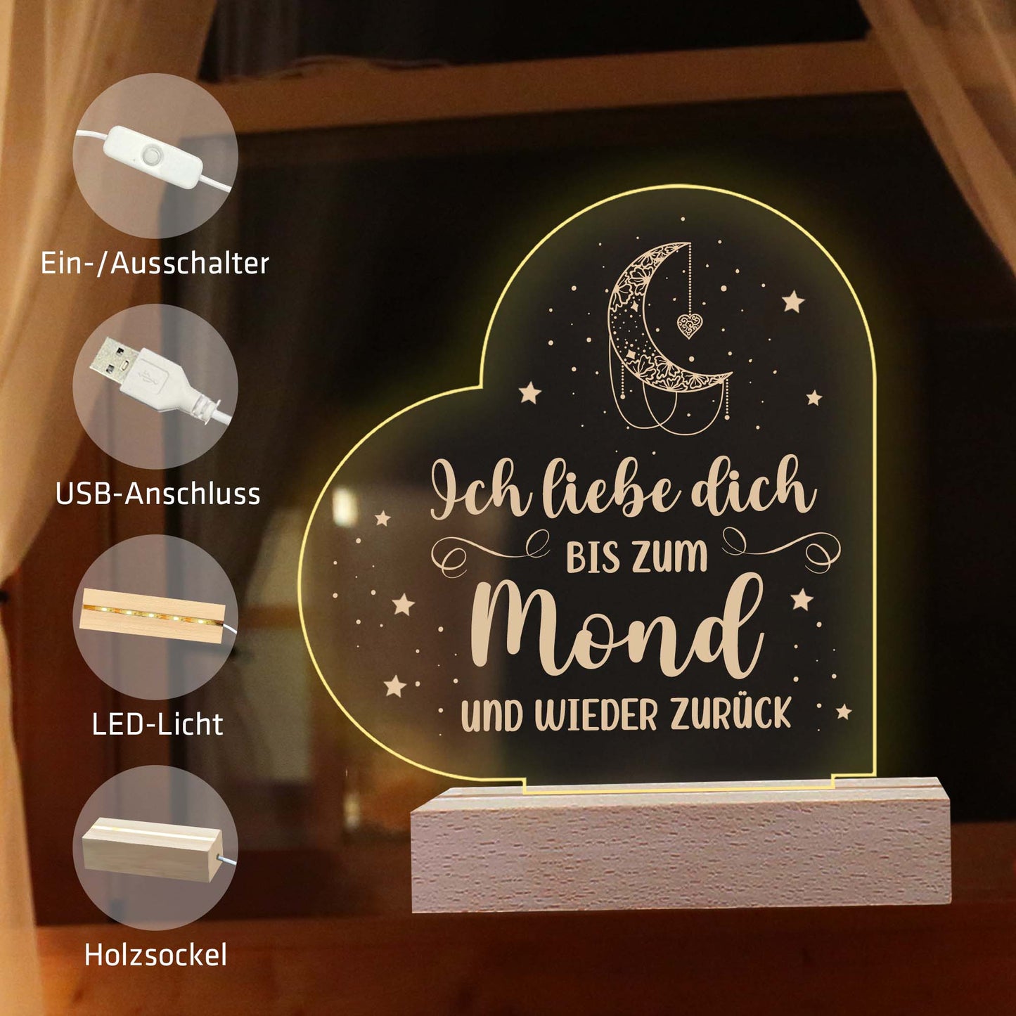INDIGOS UG - Nachttischlampe - Herz links - Spruch 1 -  Valentinstag - Herz mit Spruch - Nachtlicht - 3D-LED-Lampe - Weihnachten, Geburtstag - Geschenk für Freund, Freundin, Familie - Liebe