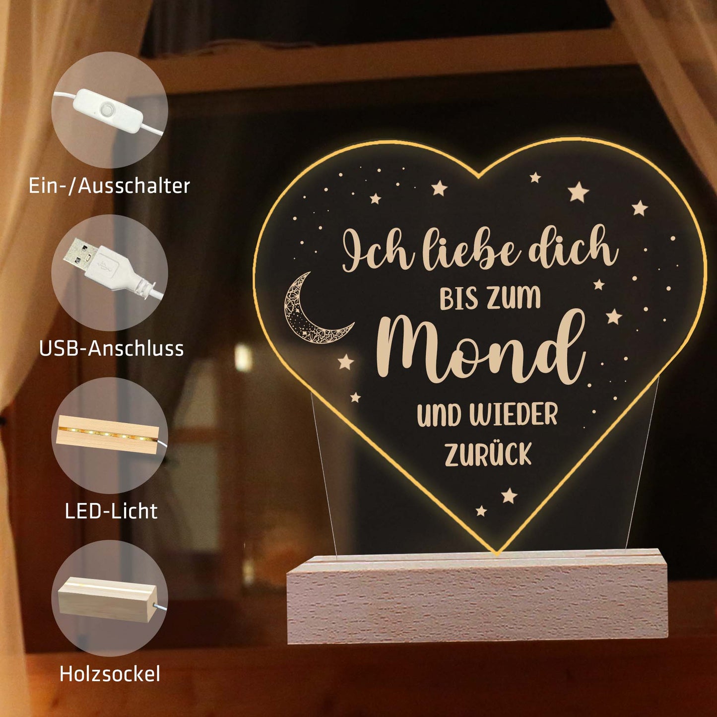 INDIGOS UG - LED Nachttischlampe - Herz - Spruch 1 -  Valentinstag - Herz mit Spruch - Nachtlicht - 3D-LED-Lampe - Weihnachten, Geburtstag - Geschenk für Freund, Freundin, Familie - Liebe