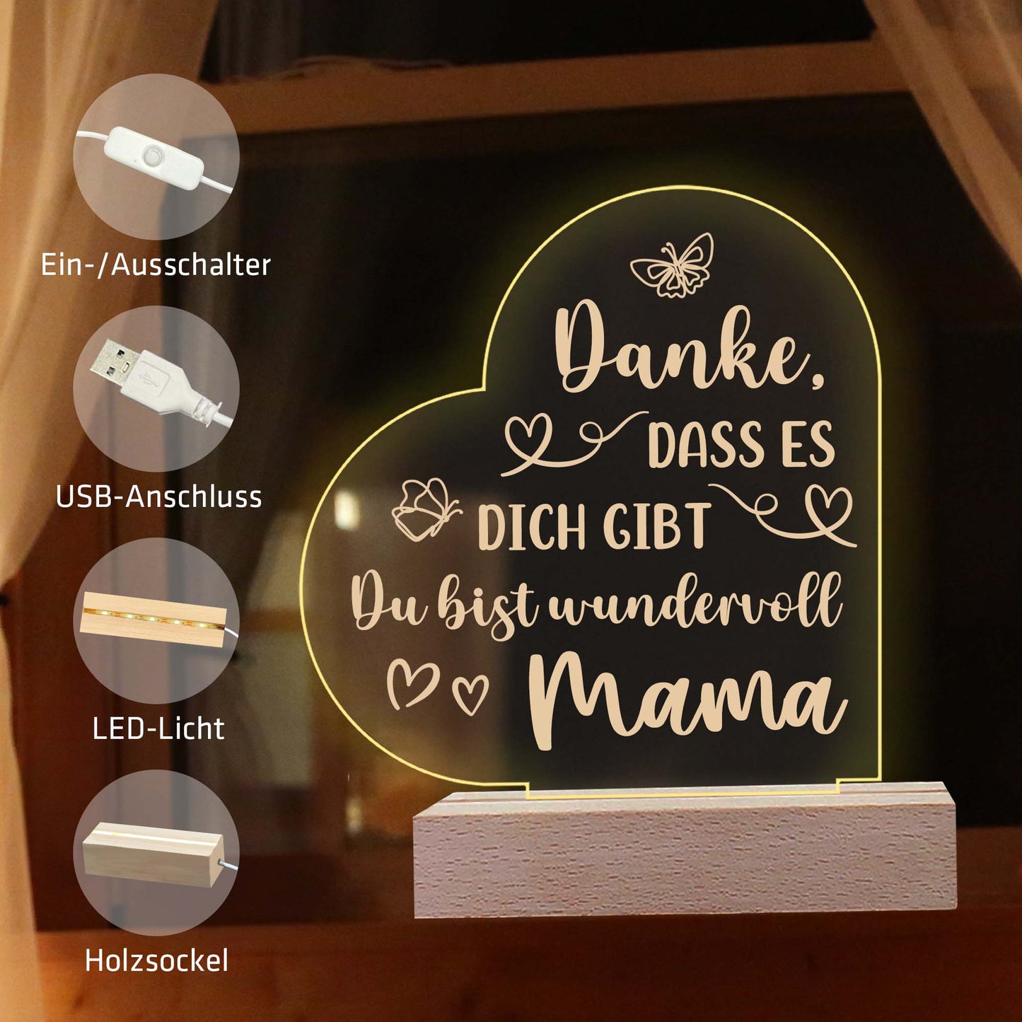 INDIGOS UG - LED Nachttischlampe - Herz links - Spruch 1 - Liebe, Familie, Mama, Papa - Herz mit Spruch - Nachtlicht - 3D-LED-Lampe  - Geschenk, Geburtstag, Weihnachten, Muttertag, Vatertag