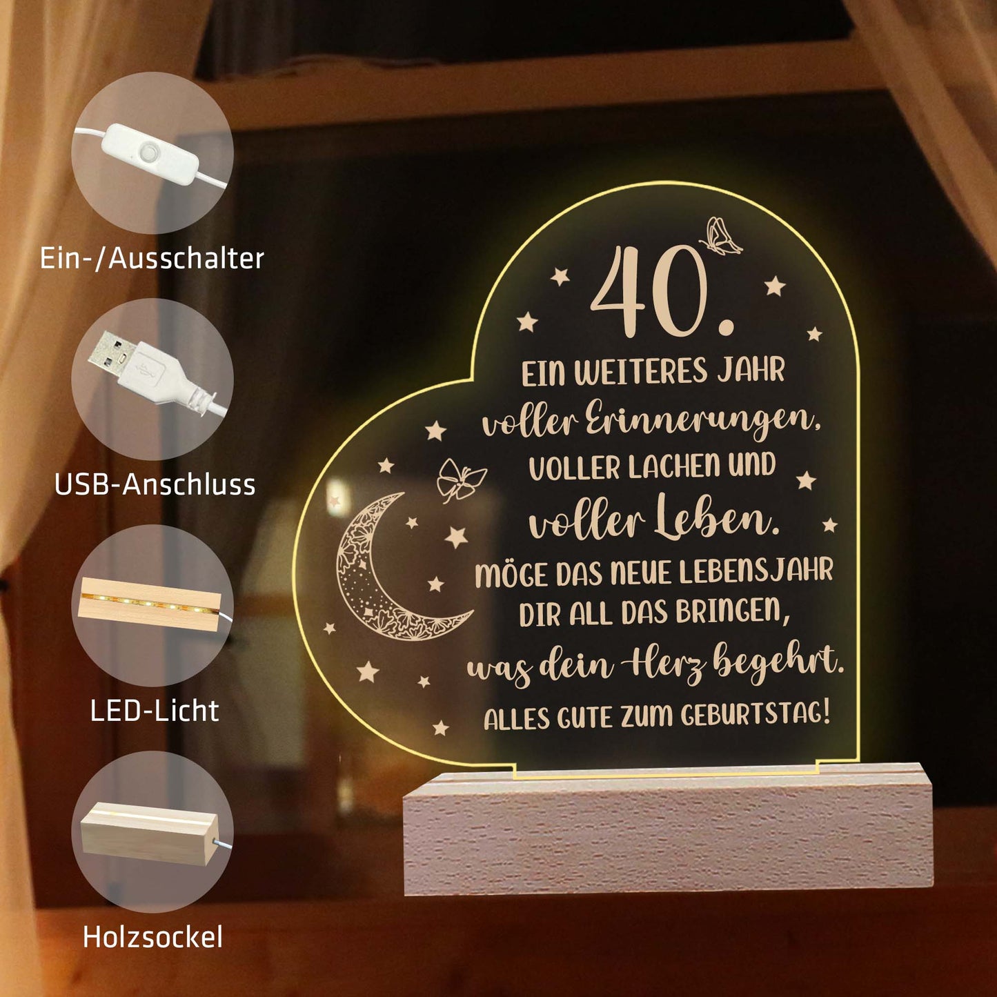INDIGOS UG - LED Nachttischlampe - 18. Geburtstag - Herz links mit Spruch - Nachtlicht - 3D-LED-Lampe - Geburtstag - Geschenk für Freund, Freundin, Familie - Liebe, Geburtstagsgeschenk