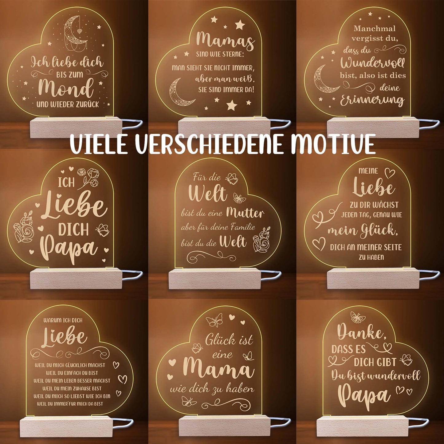 INDIGOS UG - LED Nachttischlampe - Herz links - Spruch 1 - Liebe, Familie, Mama, Papa - Herz mit Spruch - Nachtlicht - 3D-LED-Lampe  - Geschenk, Geburtstag, Weihnachten, Muttertag, Vatertag