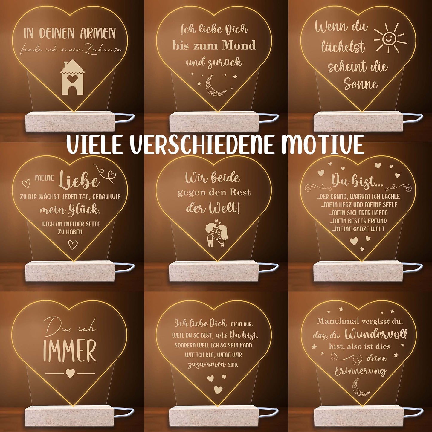 INDIGOS UG - LED Nachttischlampe - Herz - Spruch 1 -  Valentinstag - Herz mit Spruch - Nachtlicht - 3D-LED-Lampe - Weihnachten, Geburtstag - Geschenk für Freund, Freundin, Familie - Liebe