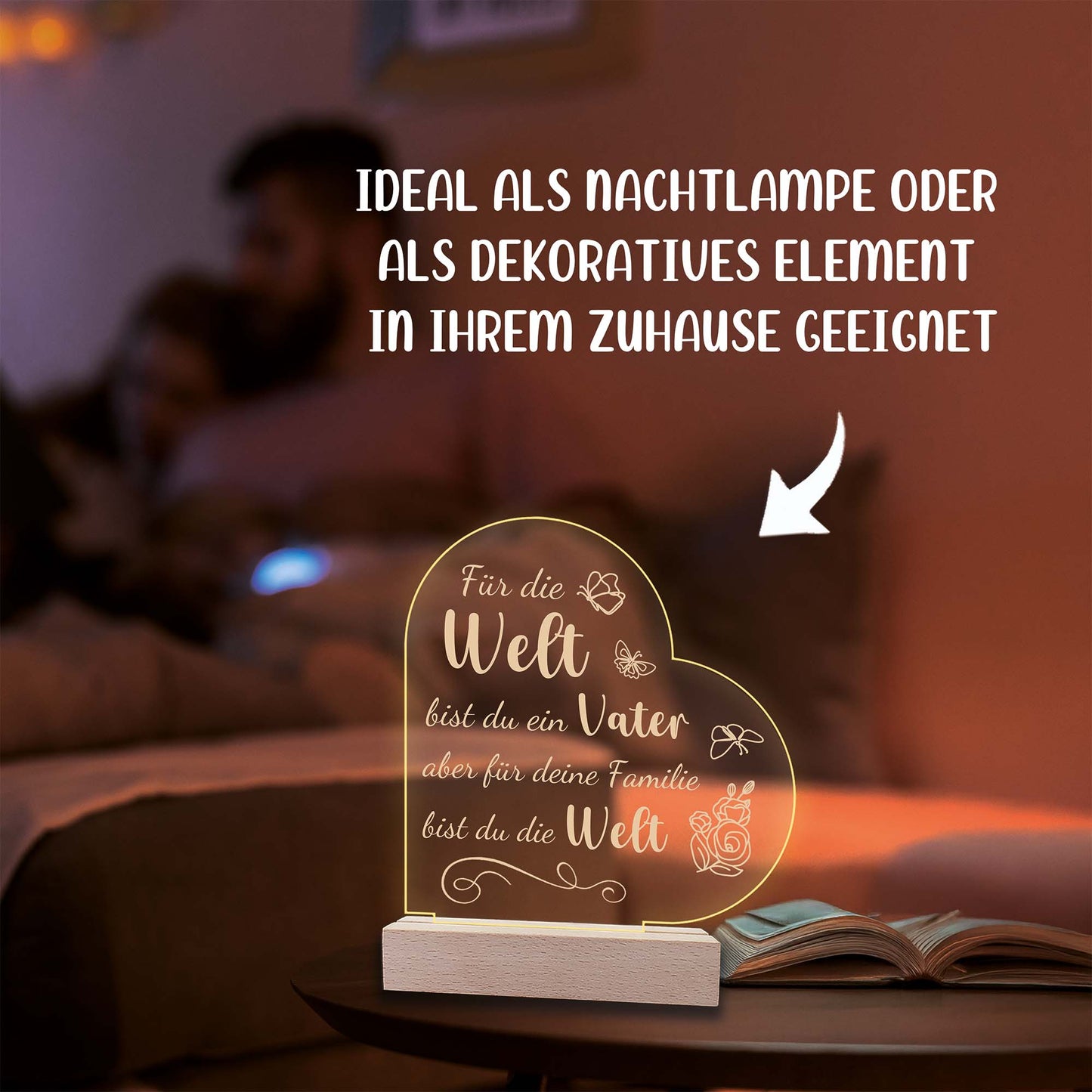 INDIGOS UG - LED Nachttischlampe - Herz links - Spruch 1 - Liebe, Familie, Mama, Papa - Herz mit Spruch - Nachtlicht - 3D-LED-Lampe  - Geschenk, Geburtstag, Weihnachten, Muttertag, Vatertag