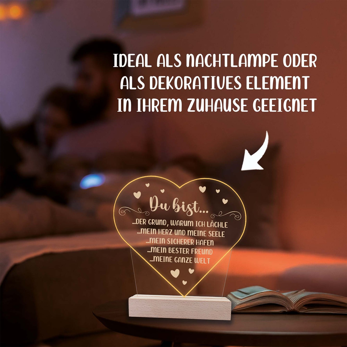 INDIGOS UG - LED Nachttischlampe - Herz - Spruch 1 -  Valentinstag - Herz mit Spruch - Nachtlicht - 3D-LED-Lampe - Weihnachten, Geburtstag - Geschenk für Freund, Freundin, Familie - Liebe