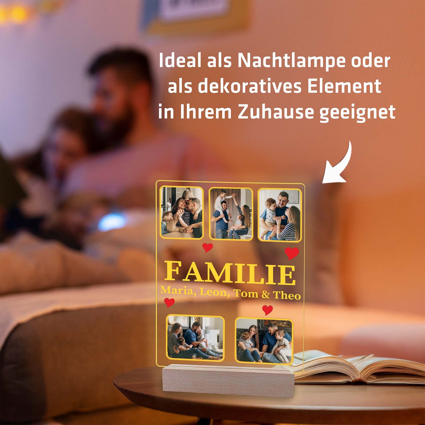 INDIGOS UG - Lampe personalisiert 3D LED - mit Foto und Widmung - personalisiertes Geschenke - Acrylglas 18x14 cm hoch - optionale Lampe warmweiss