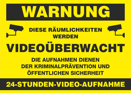 Aufkleber - Schild - Warnung - Videoüberwacht - 24-h-Videoaufnahme - 210 mm x 148 mm